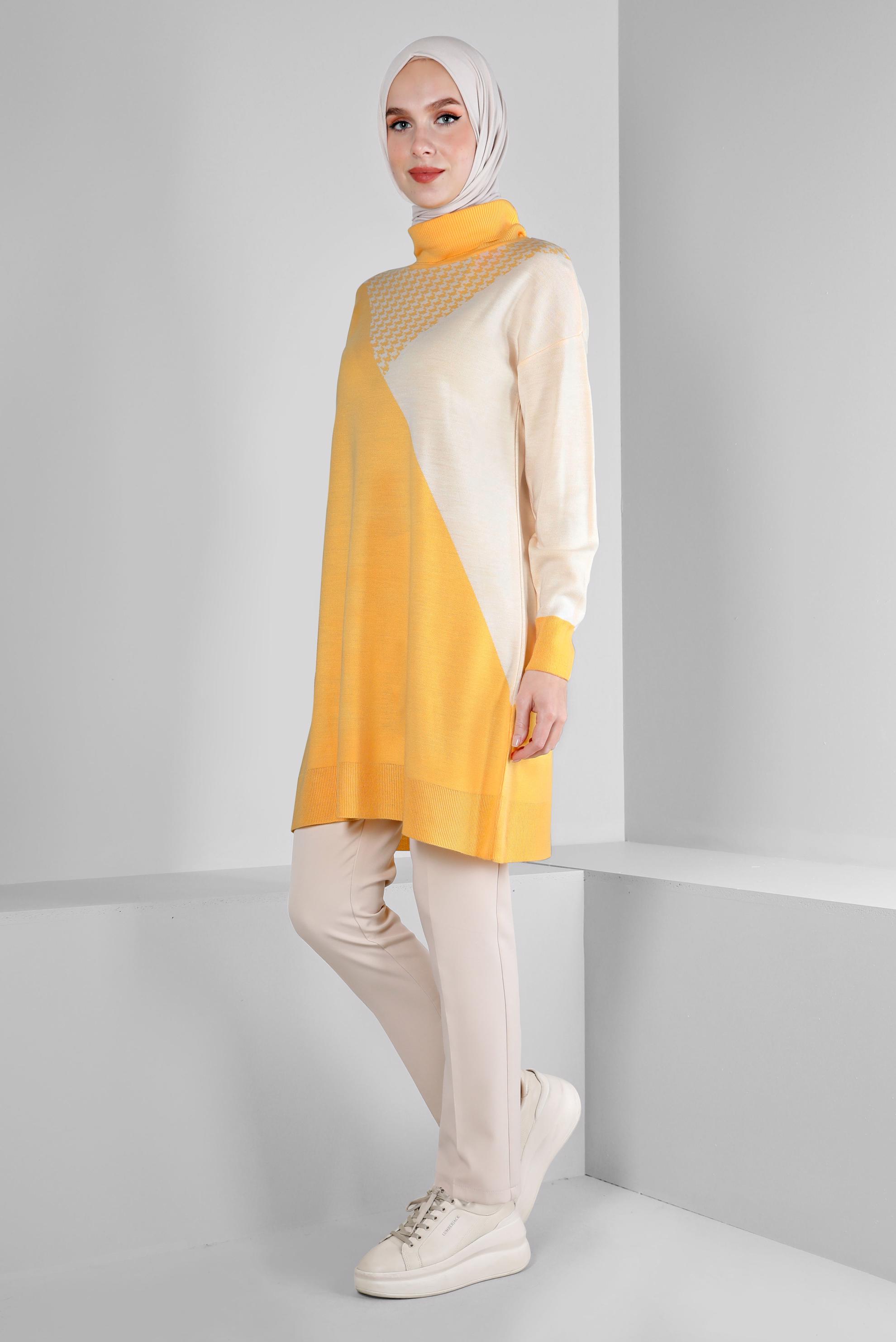 Tesettür giyim SARI KAZAYAĞI DESEN DETAYLI TRİKO TUNİK 43138	