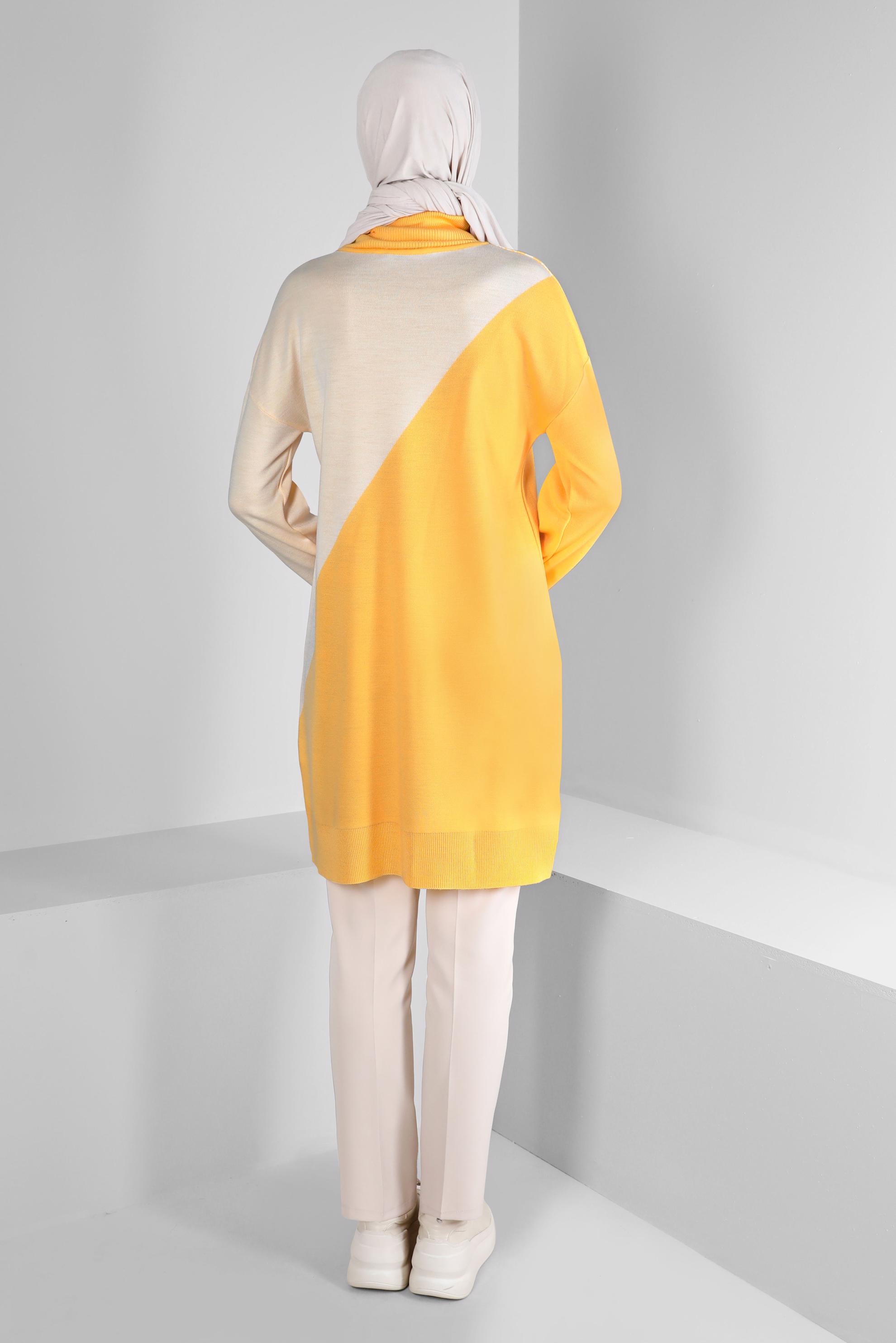 Tesettür giyim SARI KAZAYAĞI DESEN DETAYLI TRİKO TUNİK 43138	