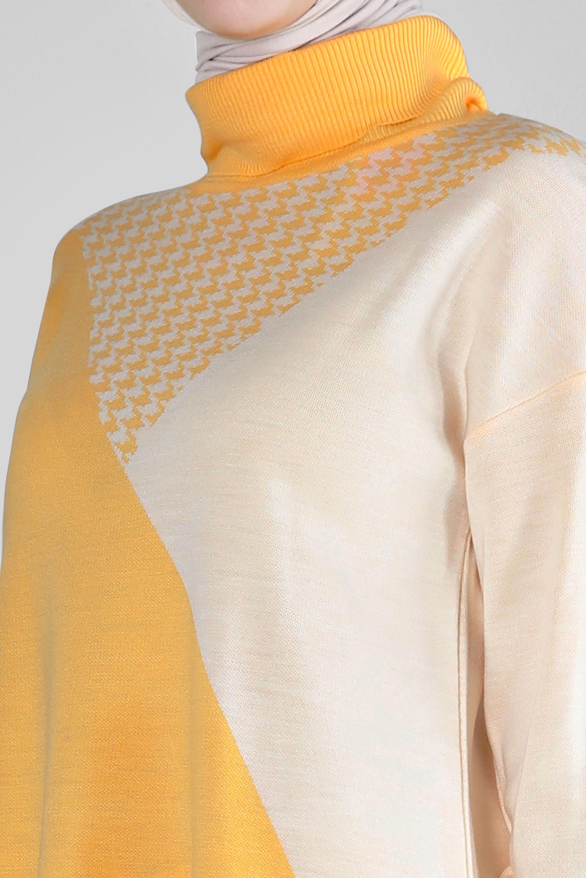 Tesettür giyim SARI KAZAYAĞI DESEN DETAYLI TRİKO TUNİK 43138	