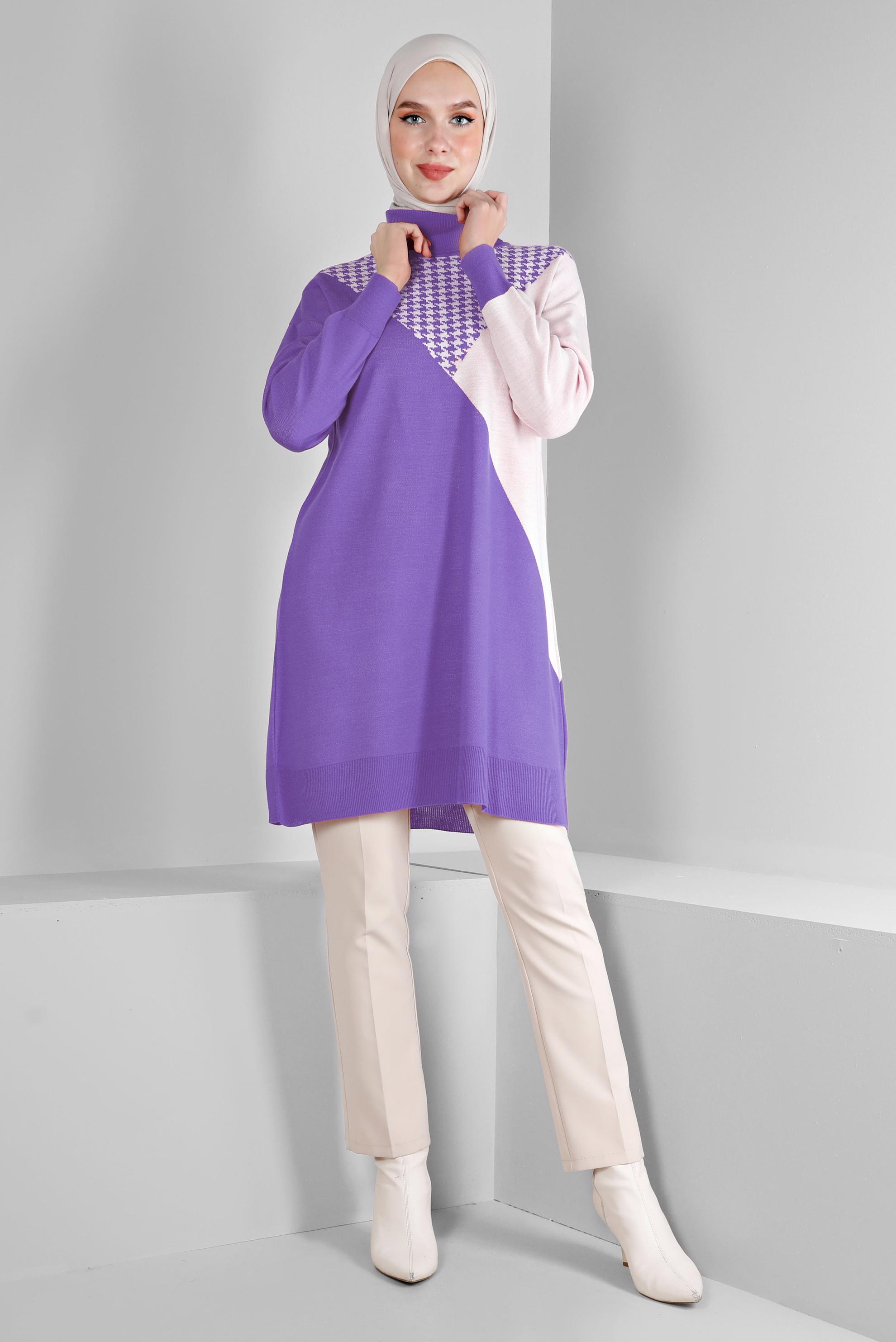 Tesettür giyim MOR KAZAYAĞI DESEN DETAYLI TRİKO TUNİK 43138	