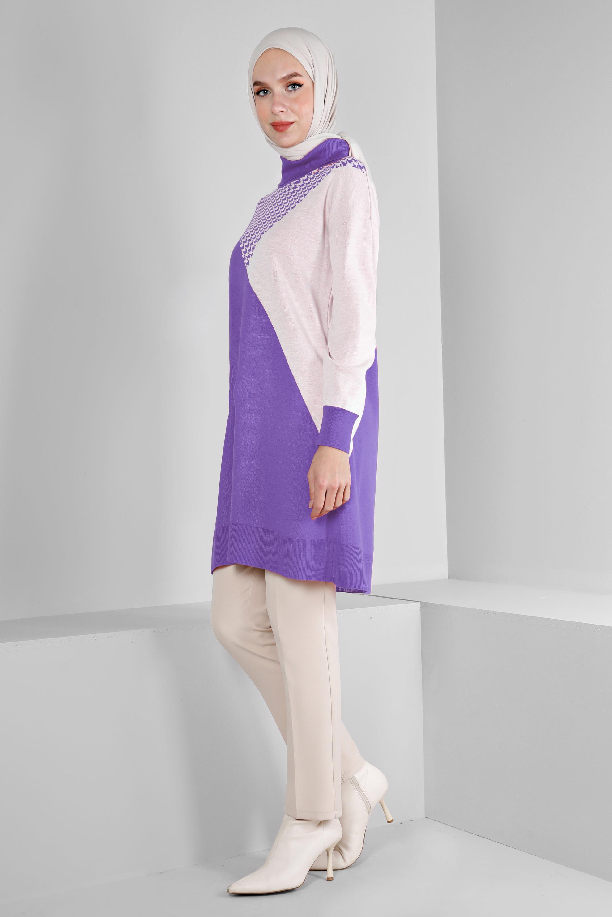 Tesettür giyim MOR KAZAYAĞI DESEN DETAYLI TRİKO TUNİK 43138	