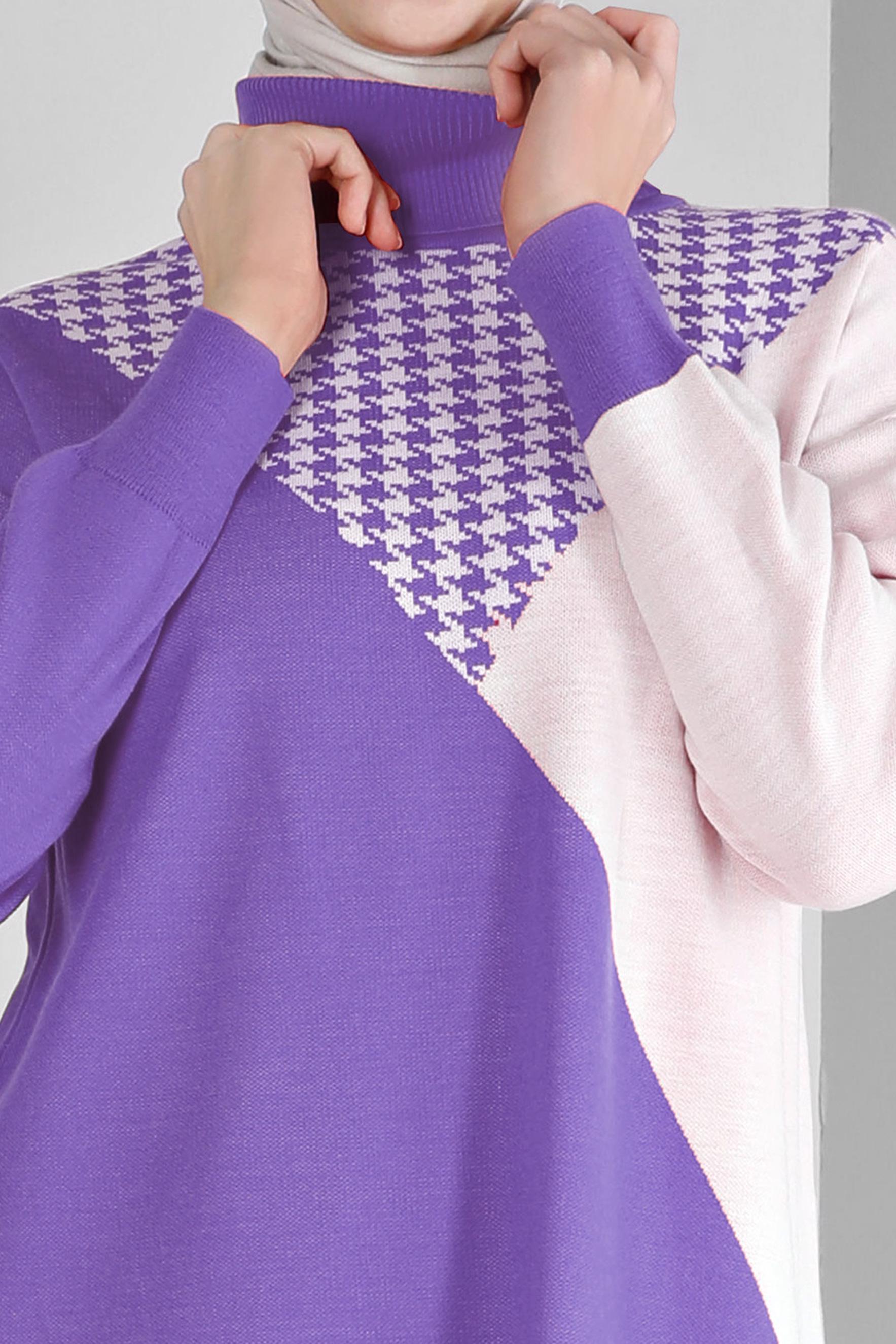 Tesettür giyim MOR KAZAYAĞI DESEN DETAYLI TRİKO TUNİK 43138	