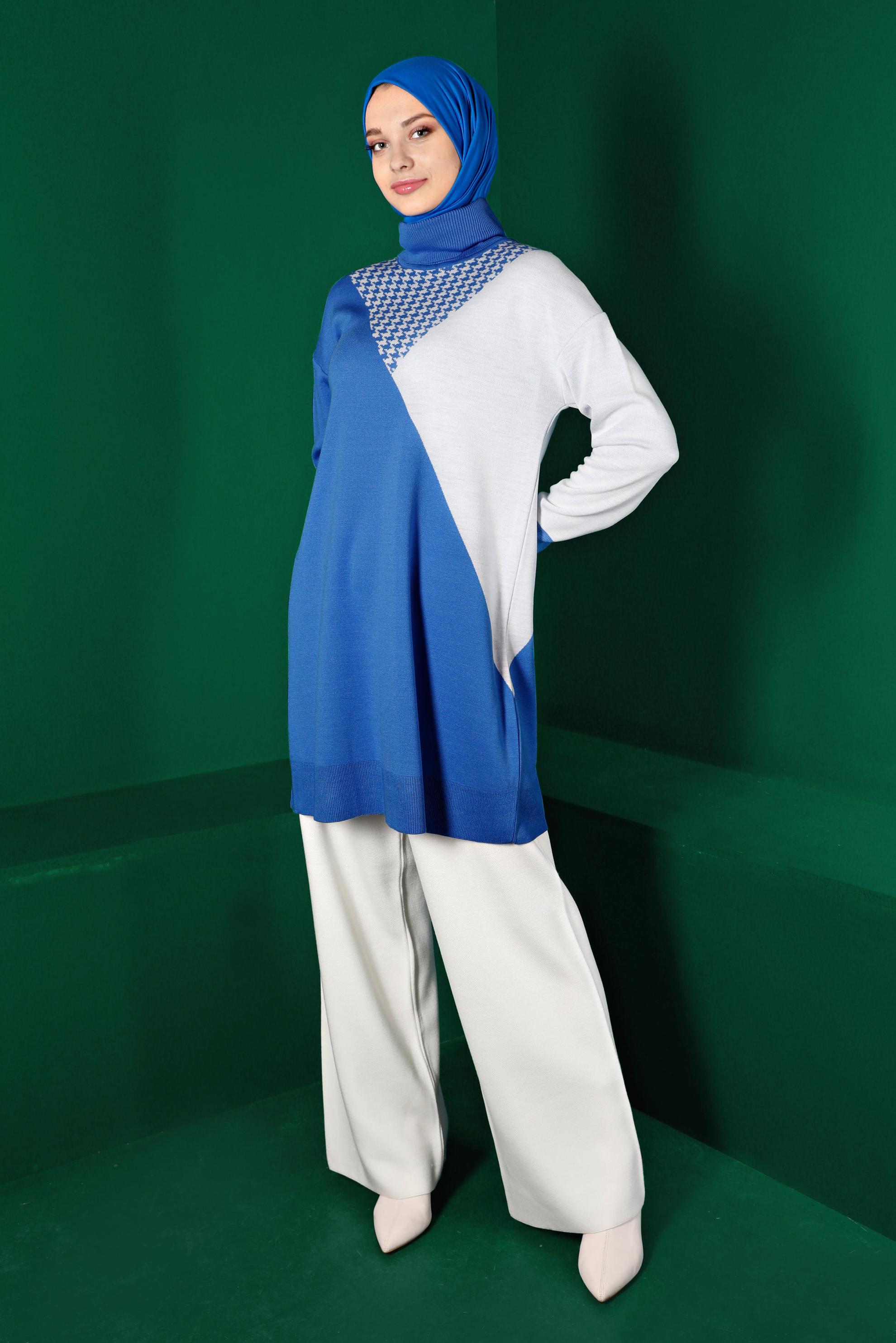 Tesettür giyim MAVİ KAZAYAĞI DESEN DETAYLI TRİKO TUNİK 43138	