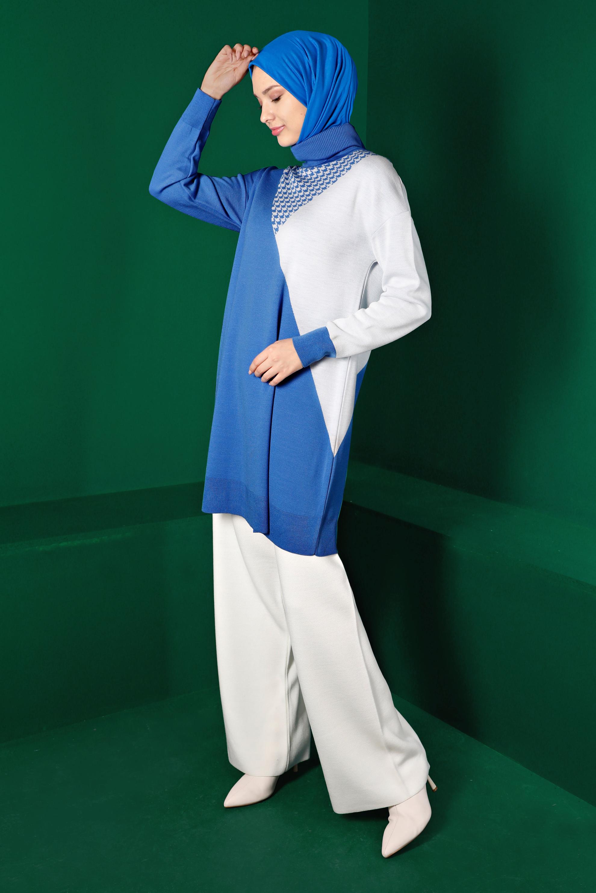 Tesettür giyim MAVİ KAZAYAĞI DESEN DETAYLI TRİKO TUNİK 43138	