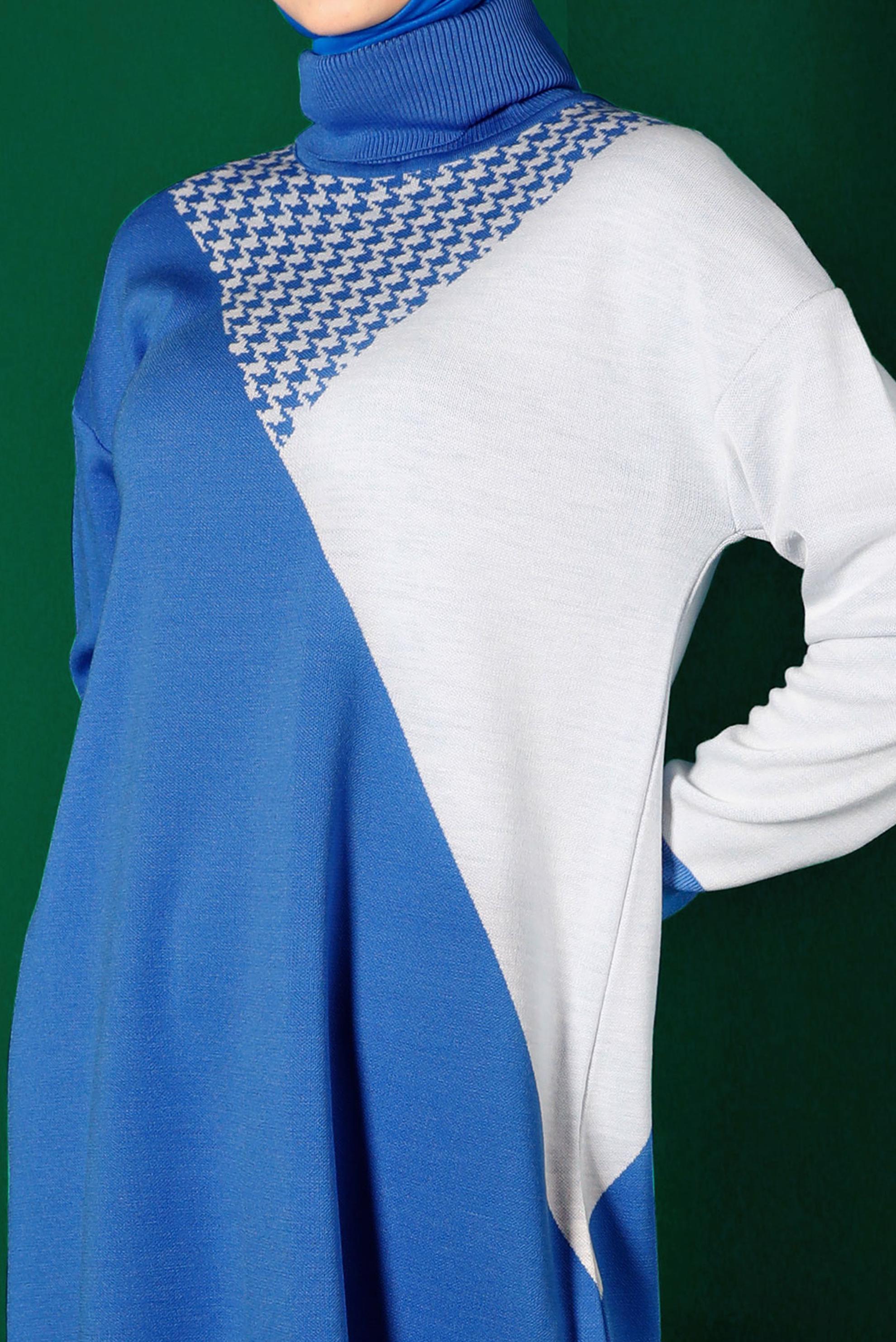 Tesettür giyim MAVİ KAZAYAĞI DESEN DETAYLI TRİKO TUNİK 43138	