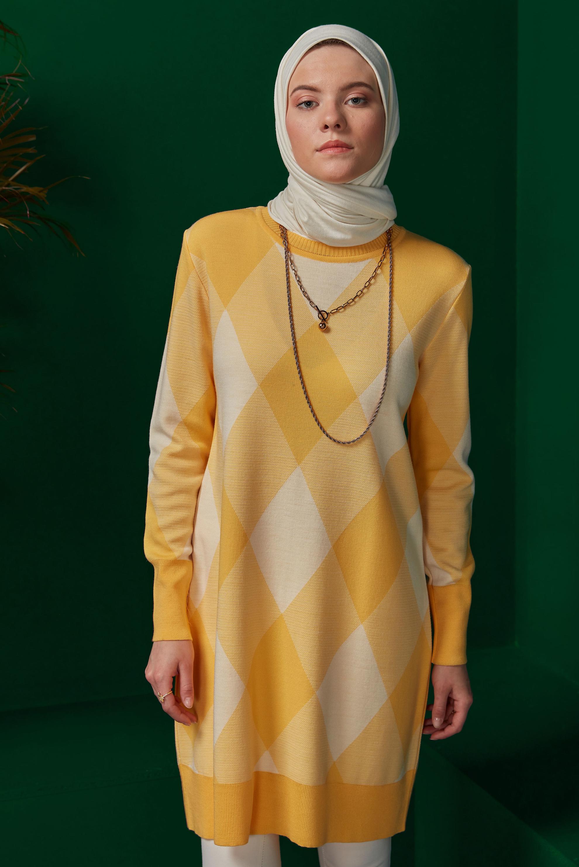 Hijab clothing YELLOW RHOMBUS PATTERN KNITWEAR TUNIC 43139