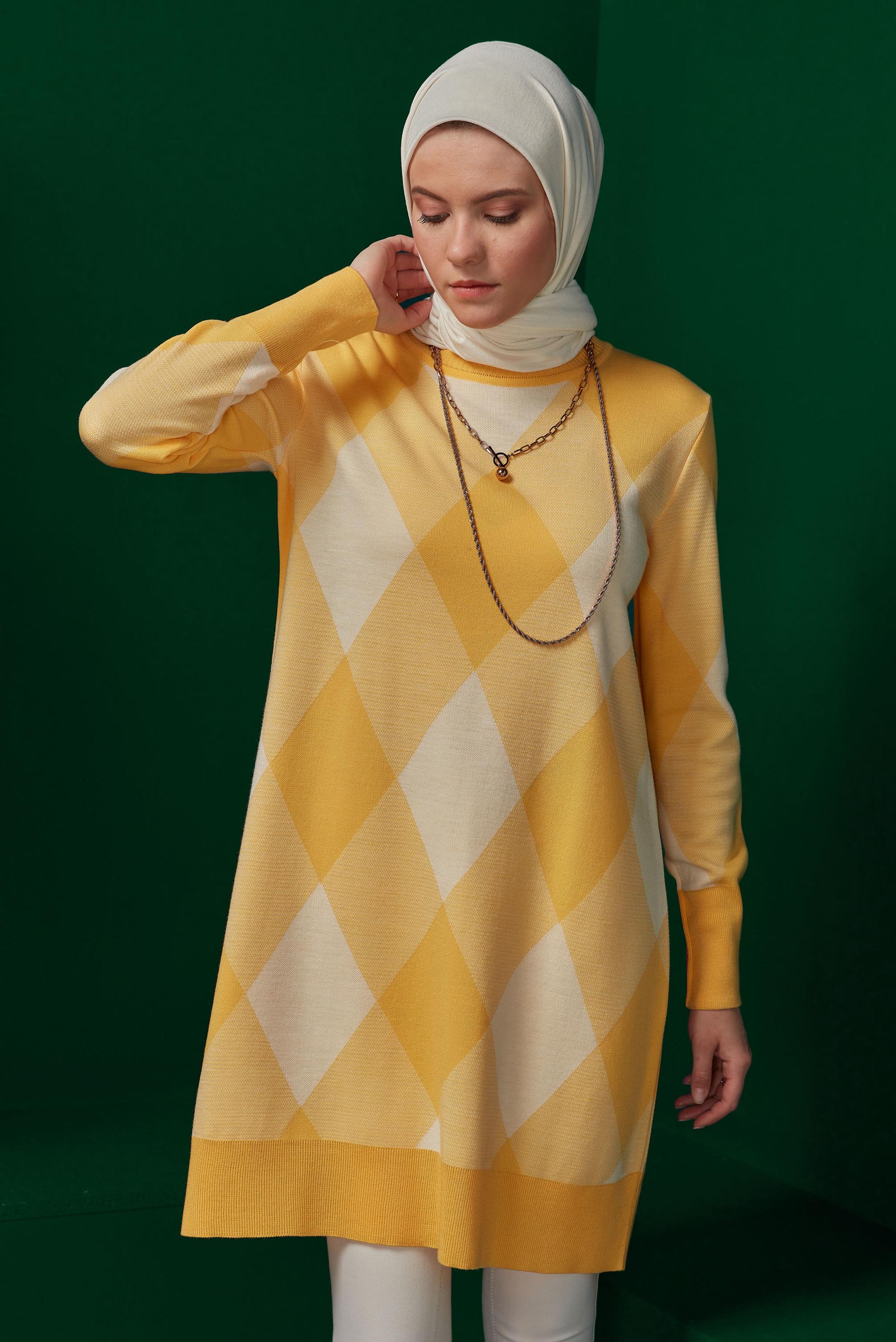 Hijab clothing YELLOW RHOMBUS PATTERN KNITWEAR TUNIC 43139