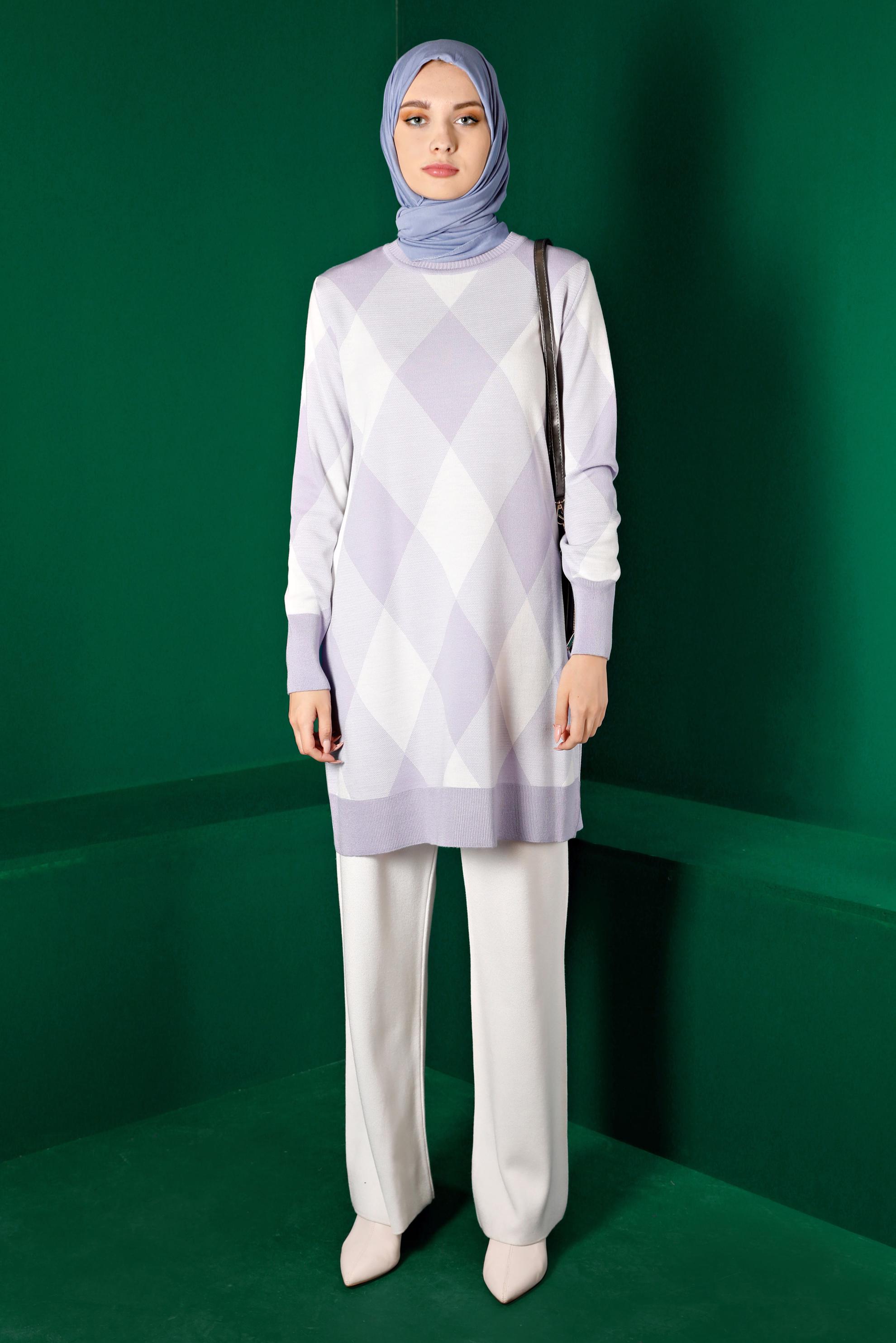 Tesettür giyim MOR BAKLAVA DESENLİ TRİKO TUNİK 43139 