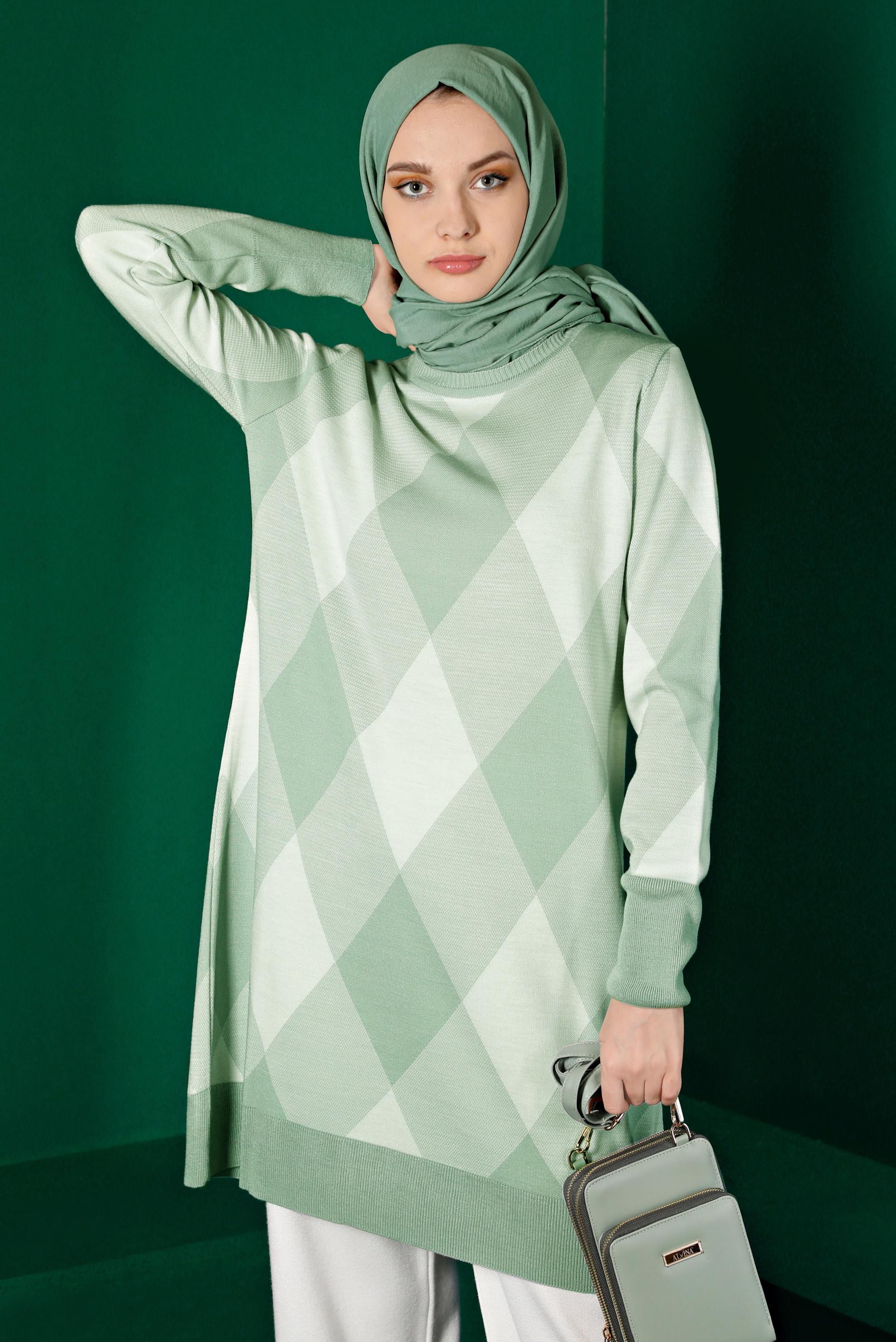 Tesettür giyim YEŞİL BAKLAVA DESENLİ TRİKO TUNİK 43139 
