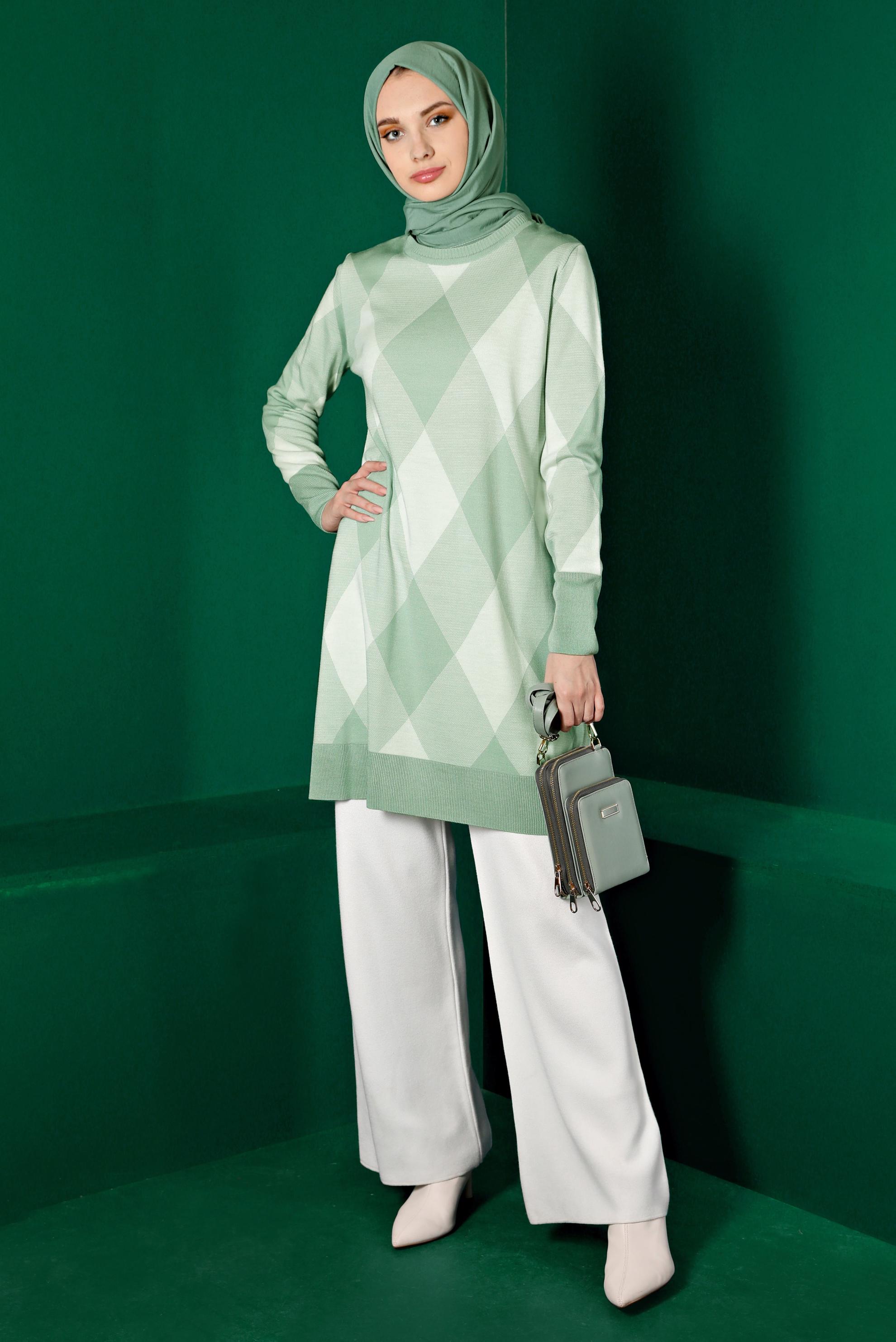 Tesettür giyim YEŞİL BAKLAVA DESENLİ TRİKO TUNİK 43139 