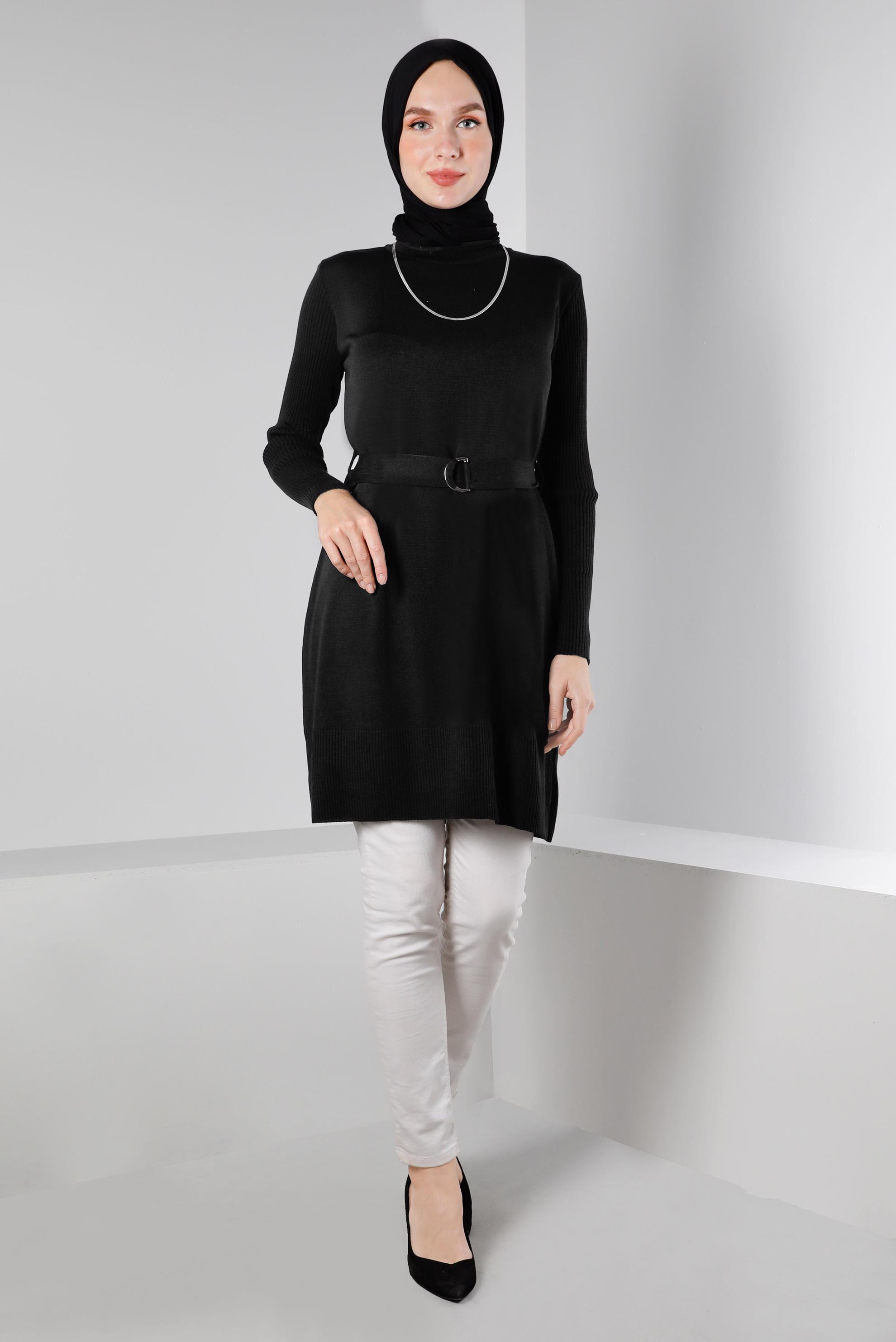 Vêtements hijab NOIR TUNIQUE EN MAILLE AVEC CEINTURE 43140