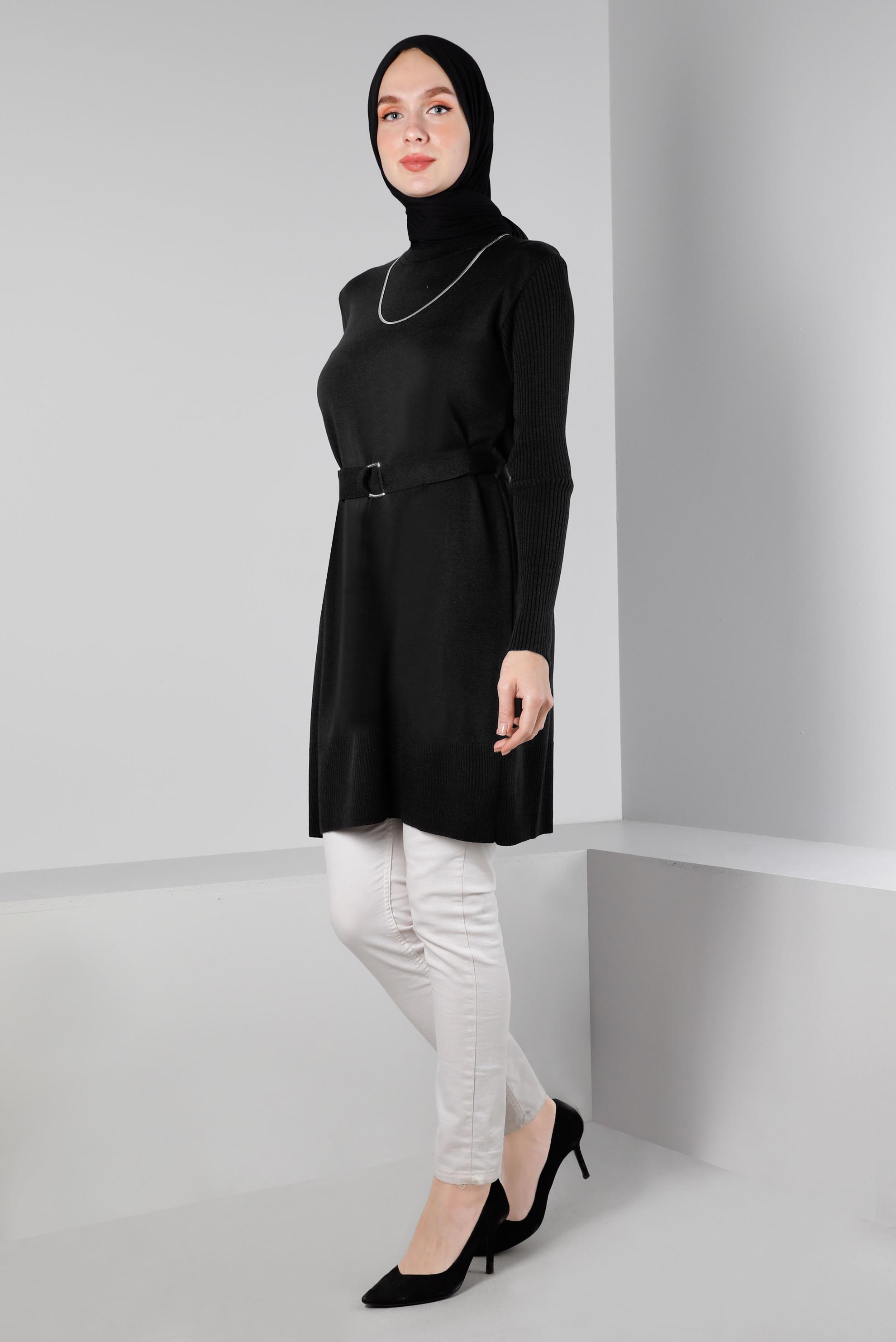 Vêtements hijab NOIR TUNIQUE EN MAILLE AVEC CEINTURE 43140