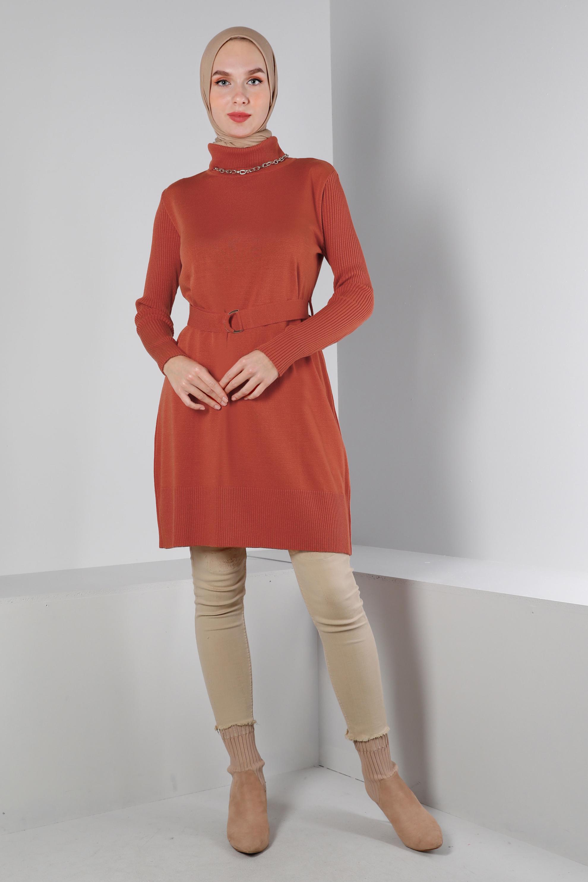 Tesettür giyim TURUNCU BELİ KUŞAKLI TRİKO TUNİK 43140