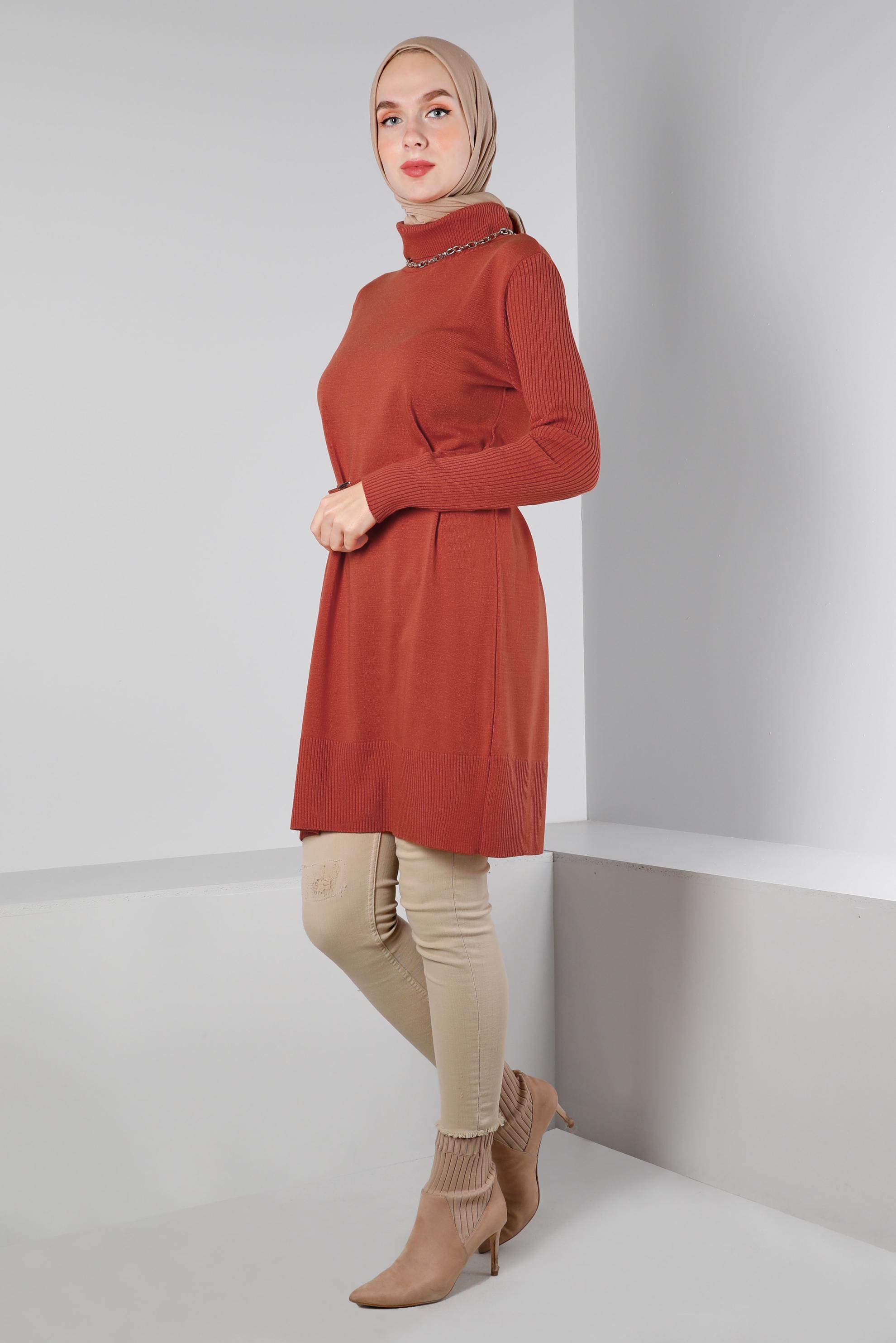 Tesettür giyim TURUNCU BELİ KUŞAKLI TRİKO TUNİK 43140