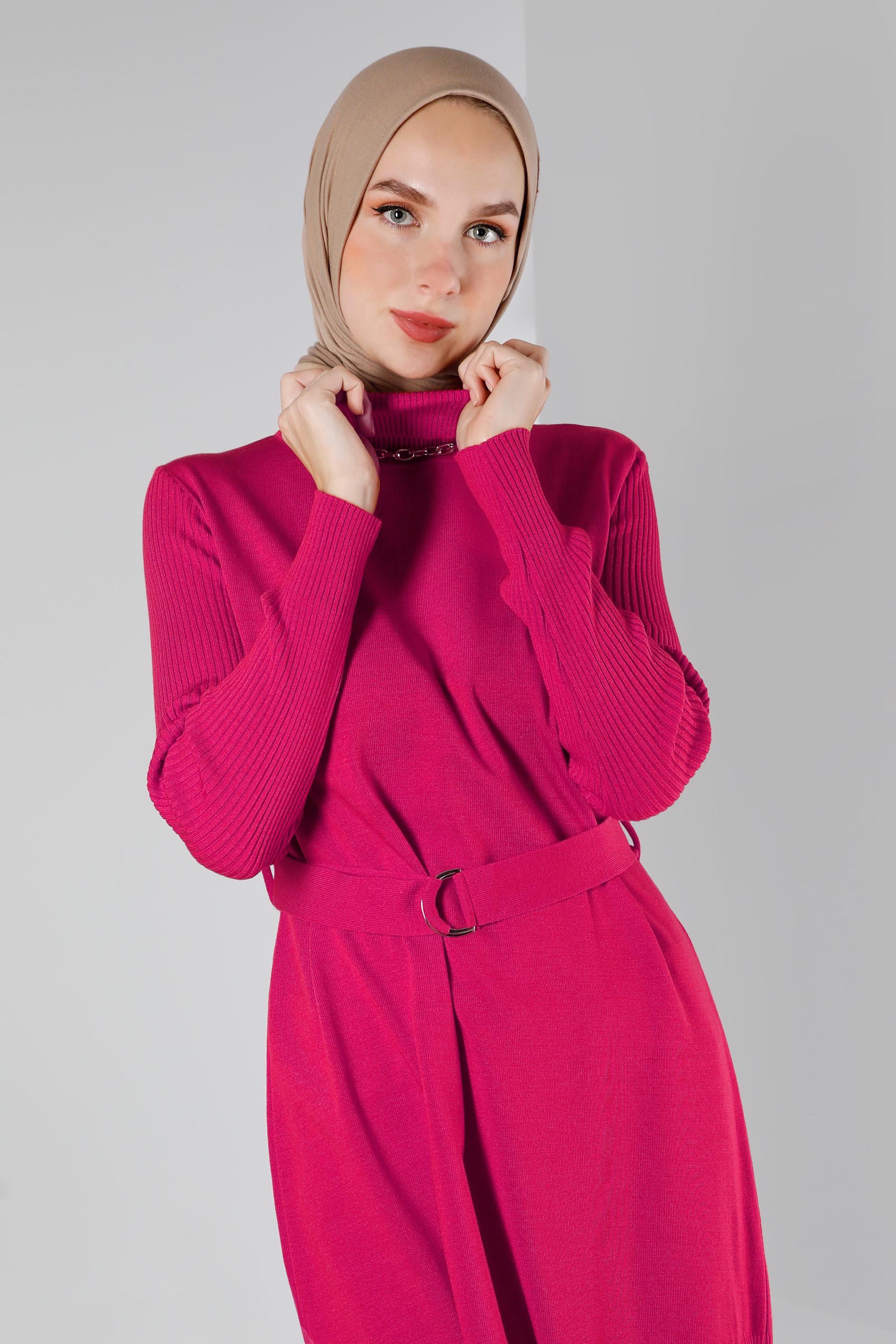 Tesettür giyim FUŞYA BELİ KUŞAKLI TRİKO TUNİK 43140