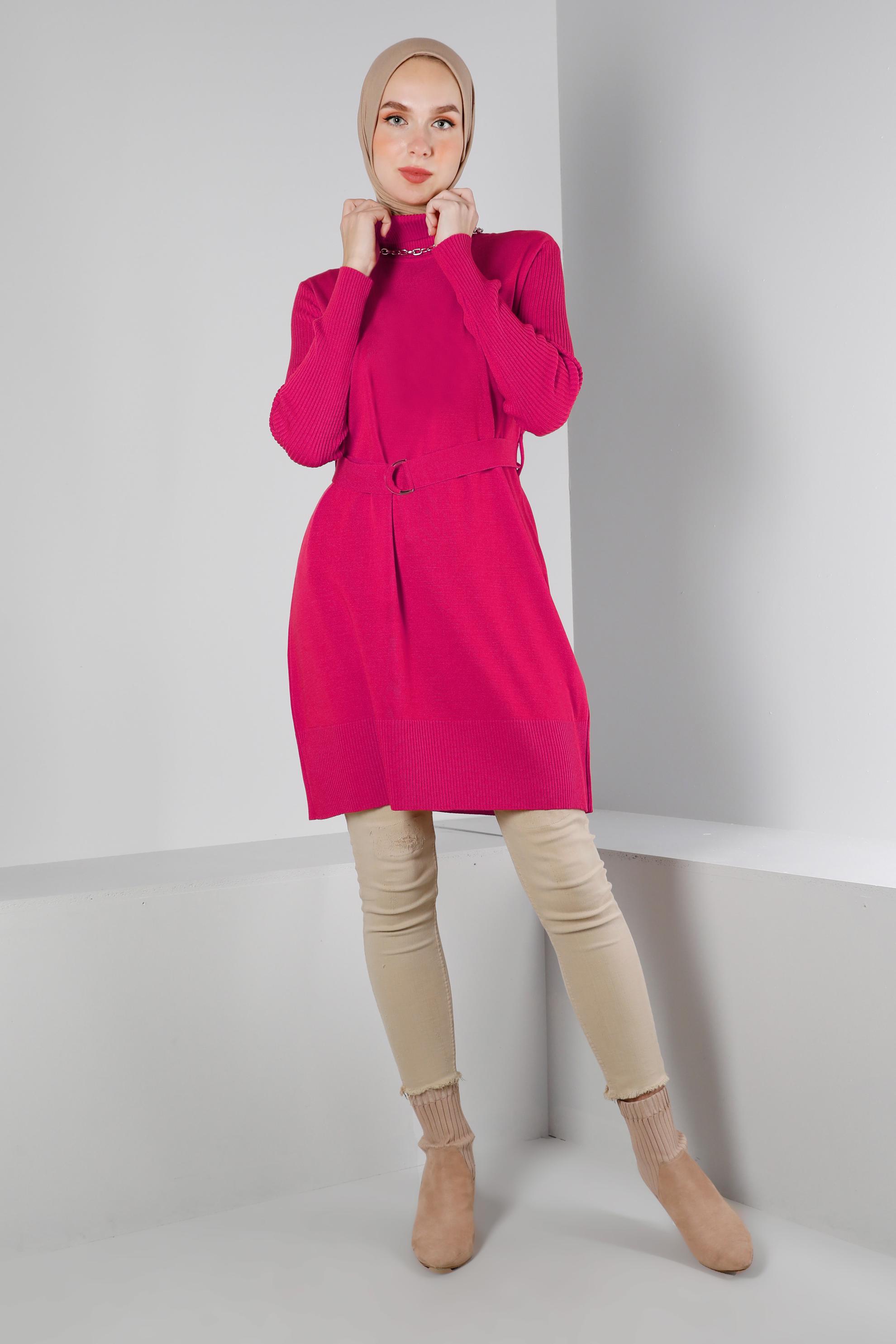 Tesettür giyim FUŞYA BELİ KUŞAKLI TRİKO TUNİK 43140