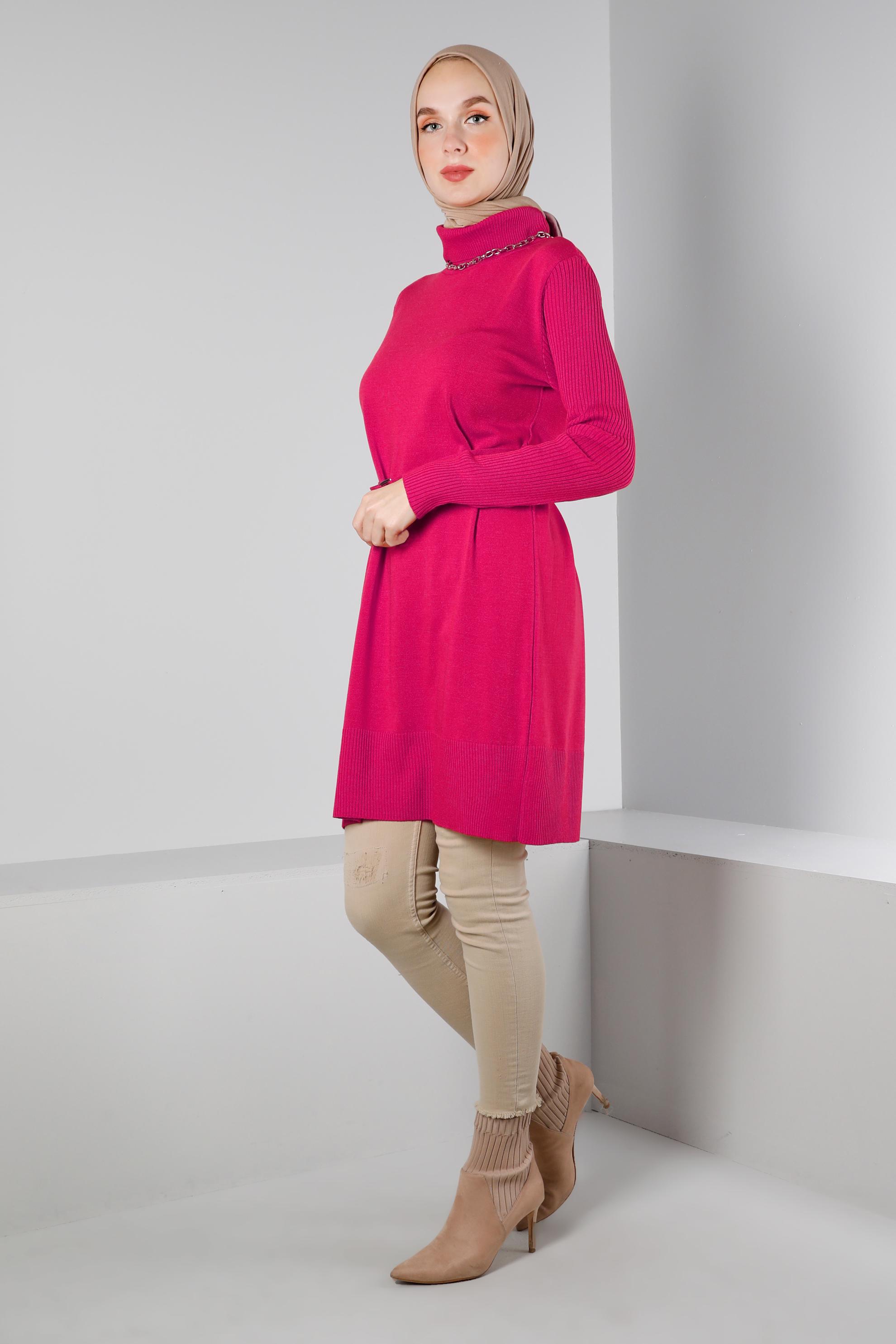 Tesettür giyim FUŞYA BELİ KUŞAKLI TRİKO TUNİK 43140