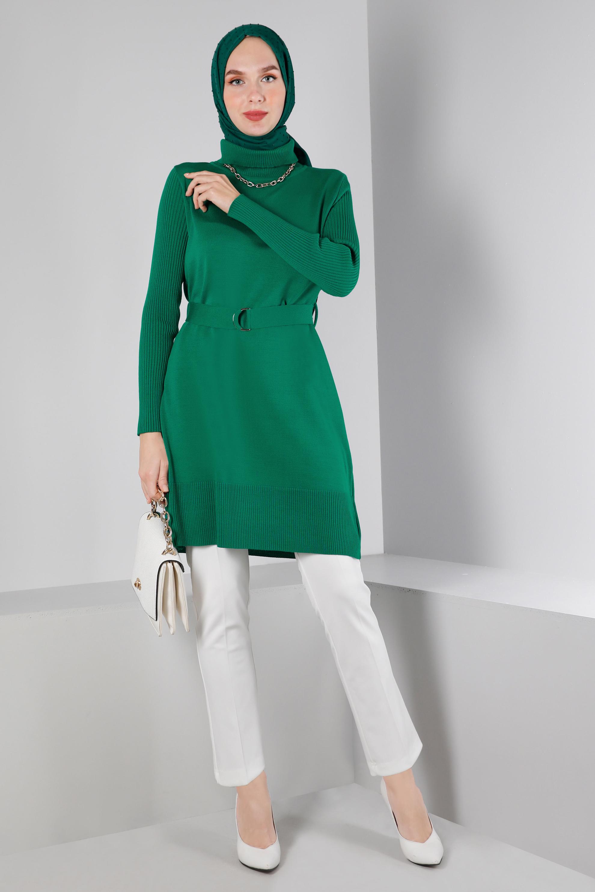 Tesettür giyim YEŞİL BELİ KUŞAKLI TRİKO TUNİK 43140