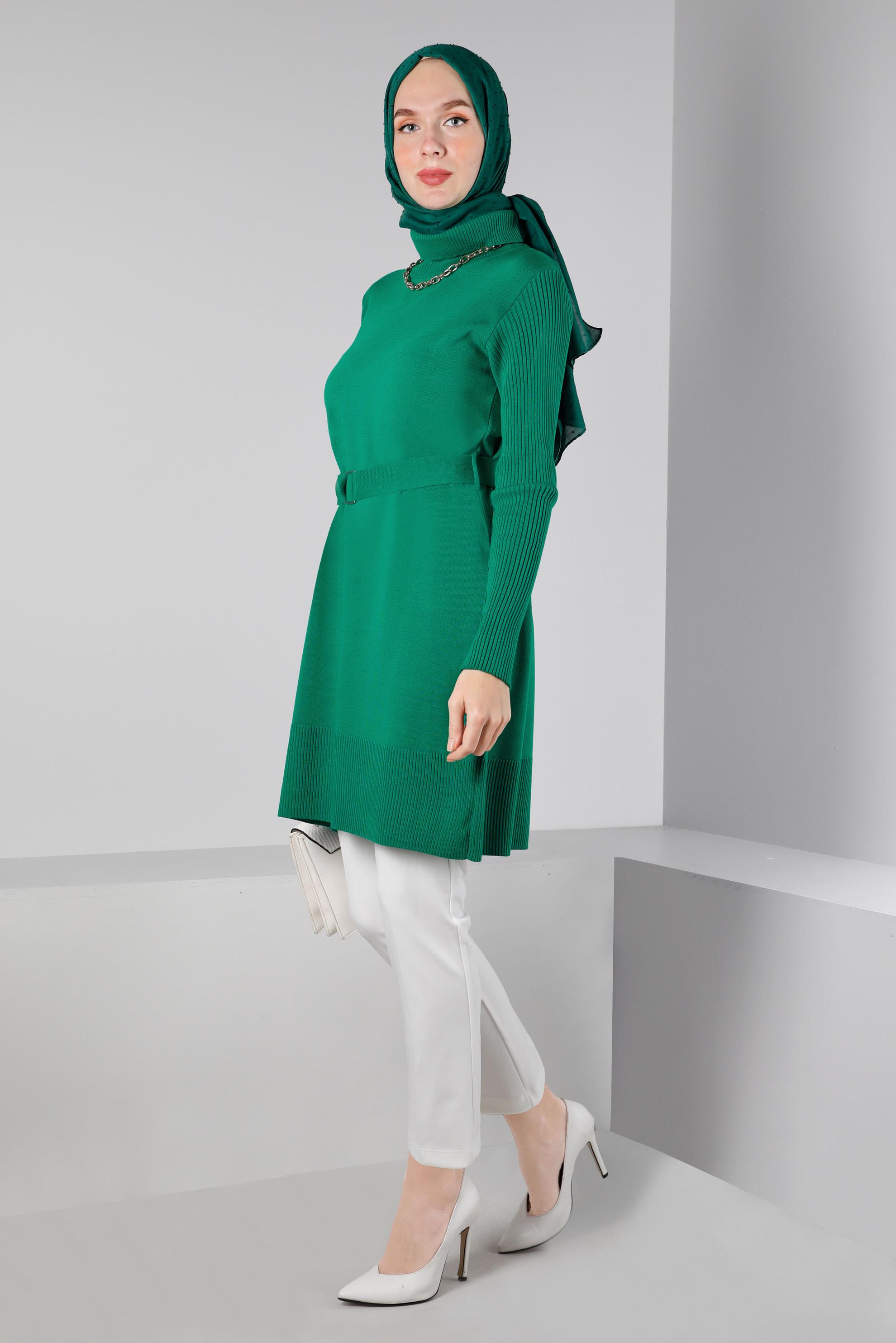 Tesettür giyim YEŞİL BELİ KUŞAKLI TRİKO TUNİK 43140