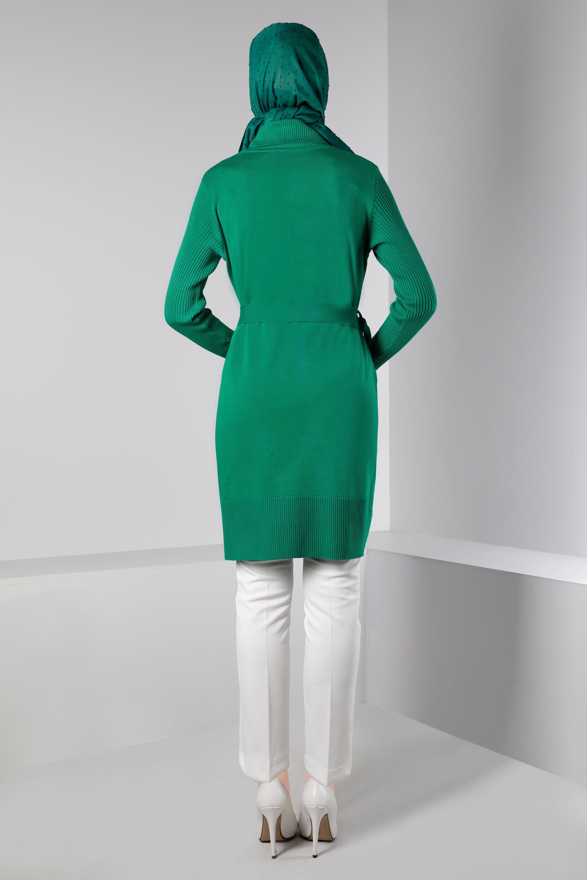 Tesettür giyim YEŞİL BELİ KUŞAKLI TRİKO TUNİK 43140