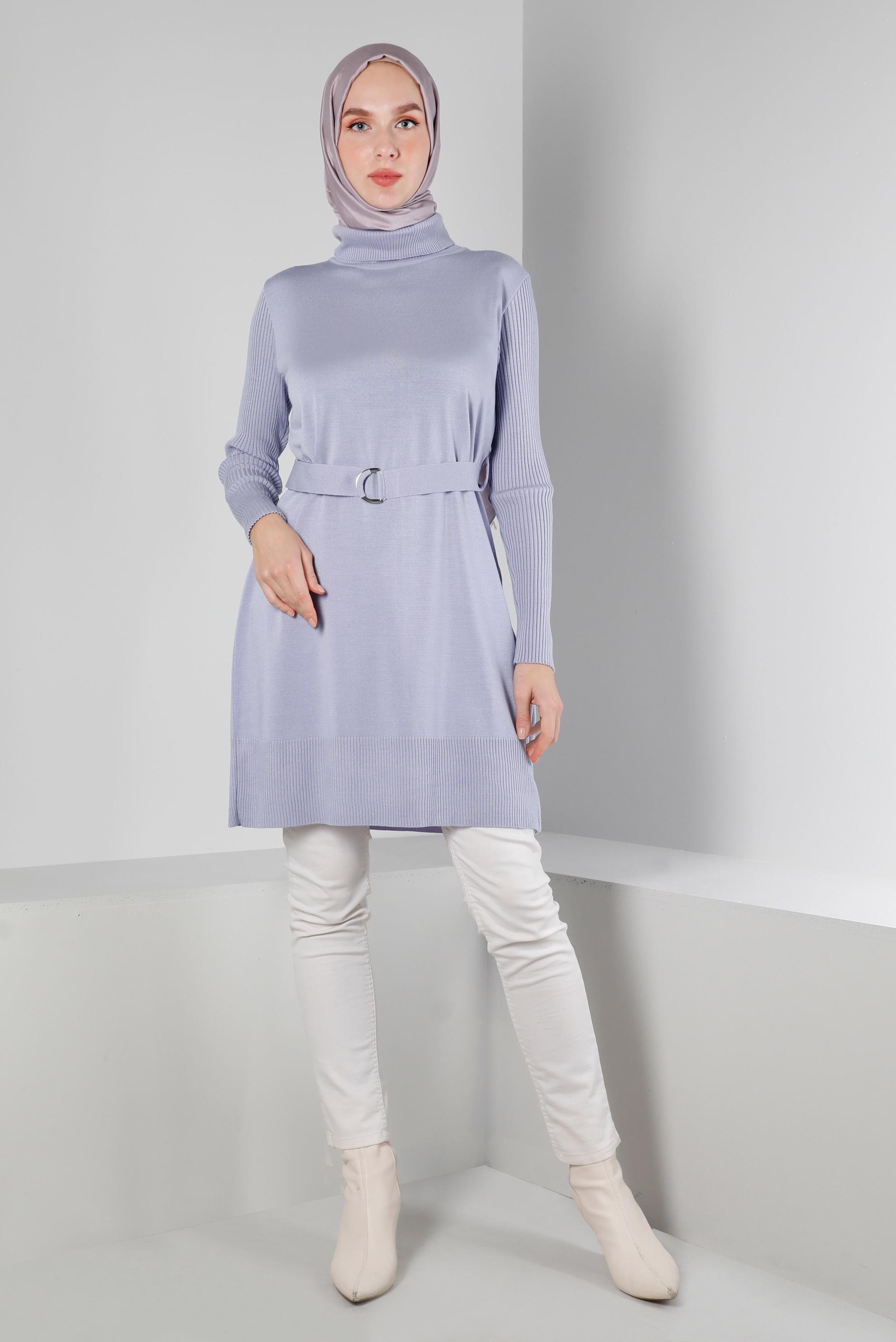 Tesettür giyim MOR BELİ KUŞAKLI TRİKO TUNİK 43140