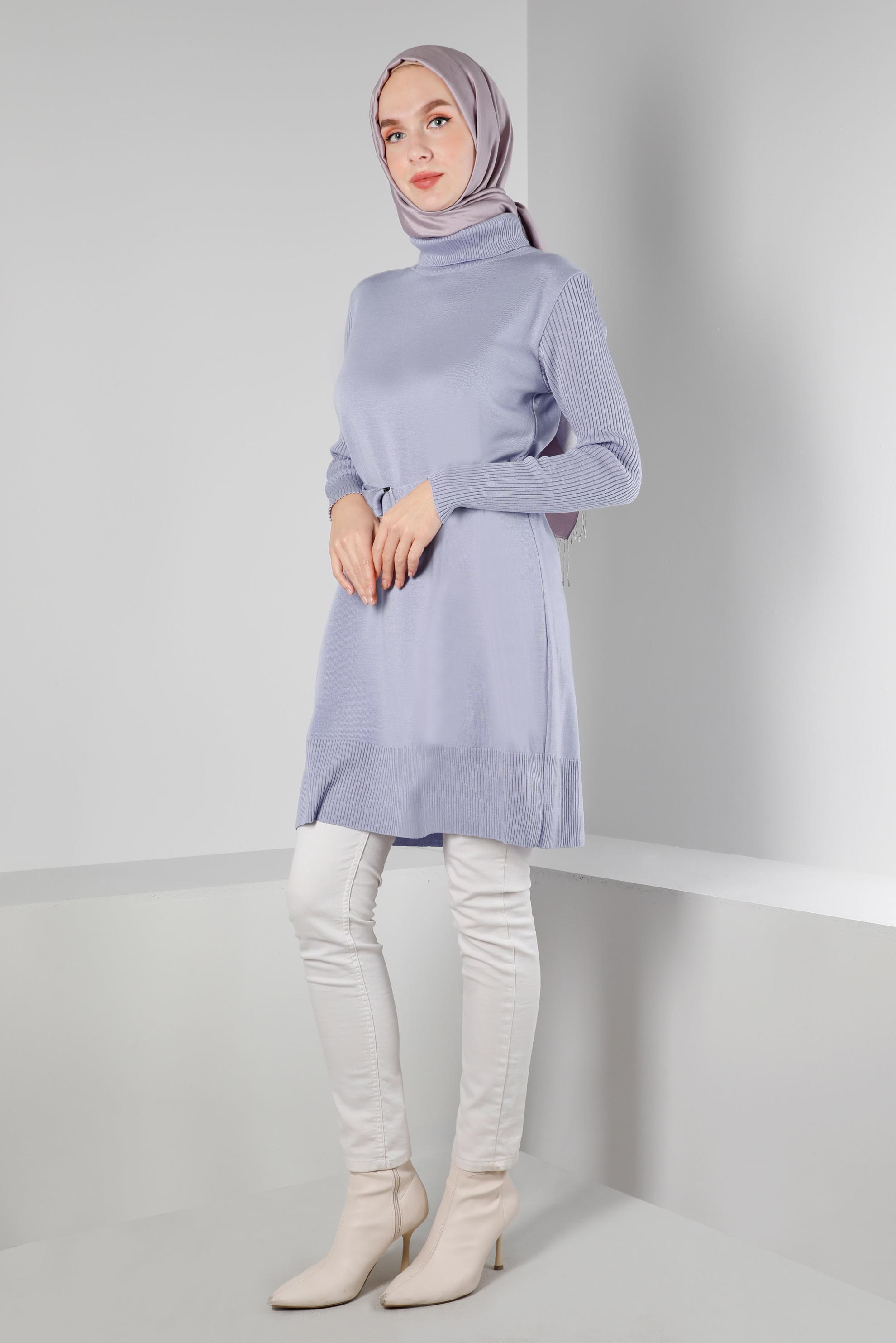 Tesettür giyim MOR BELİ KUŞAKLI TRİKO TUNİK 43140