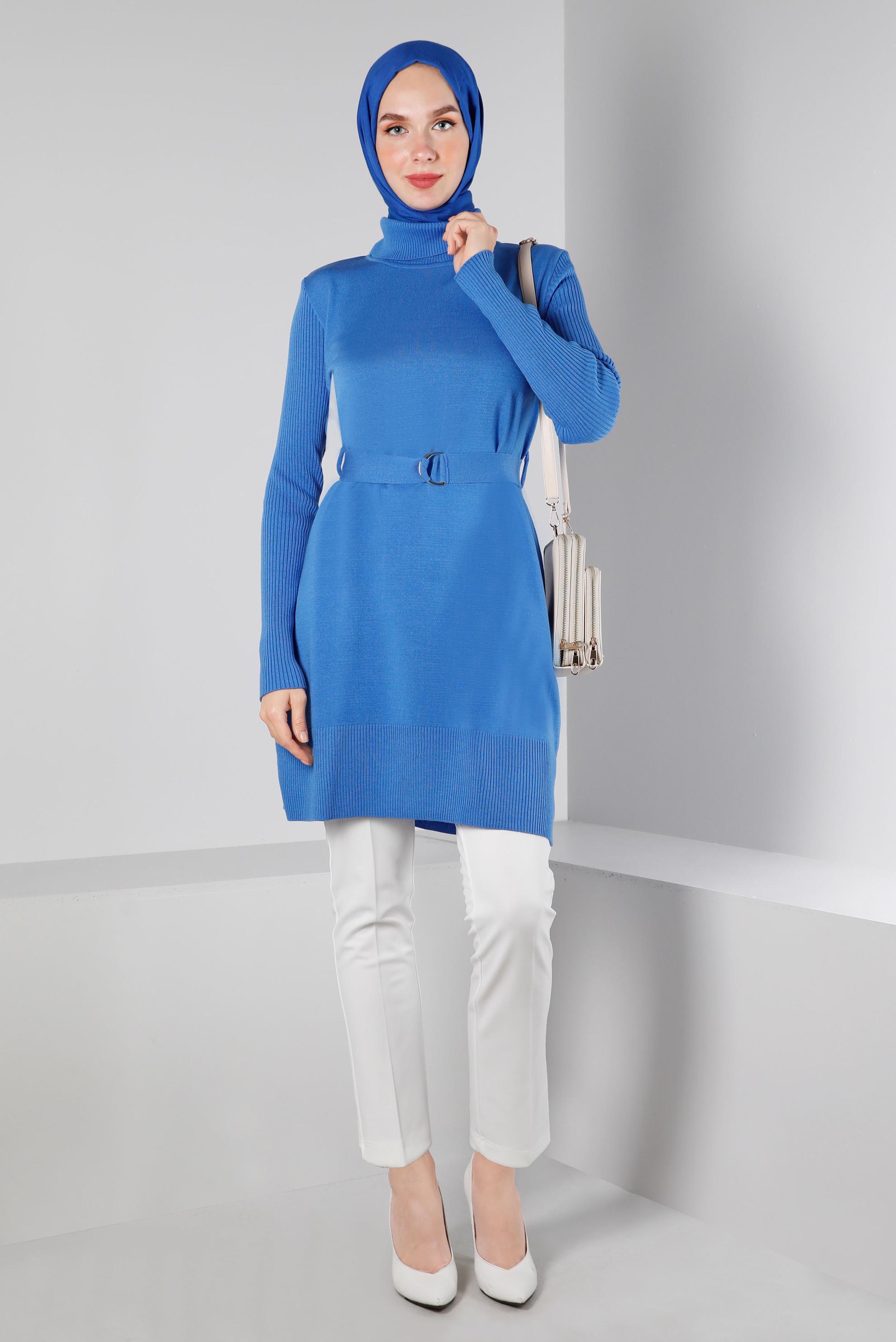 Vêtements hijab BLEU TUNIQUE EN MAILLE AVEC CEINTURE 43140