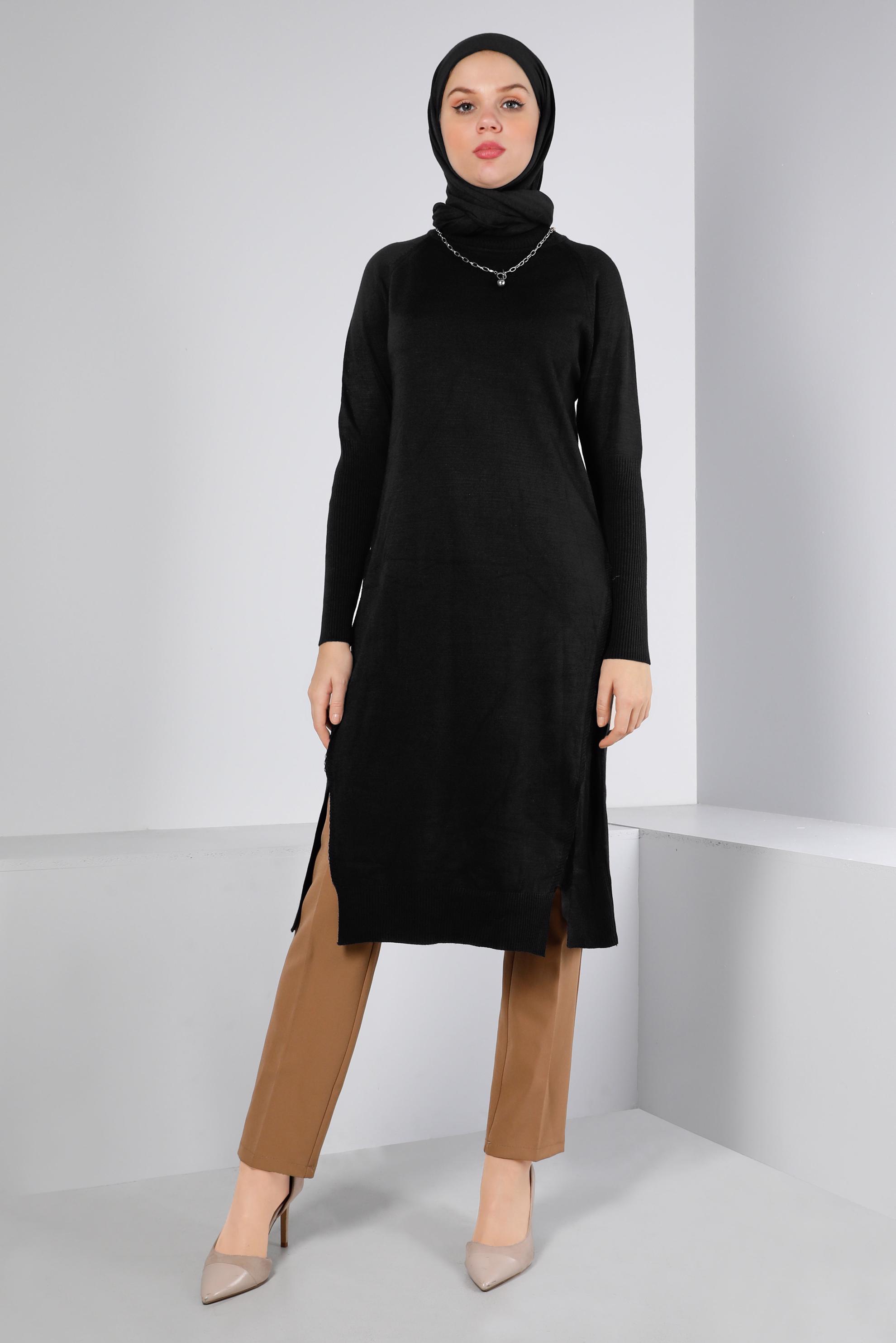 Tesettür giyim SİYAH YIRTMAÇ DETAYLI BASIC TRİKO TUNİK 43160