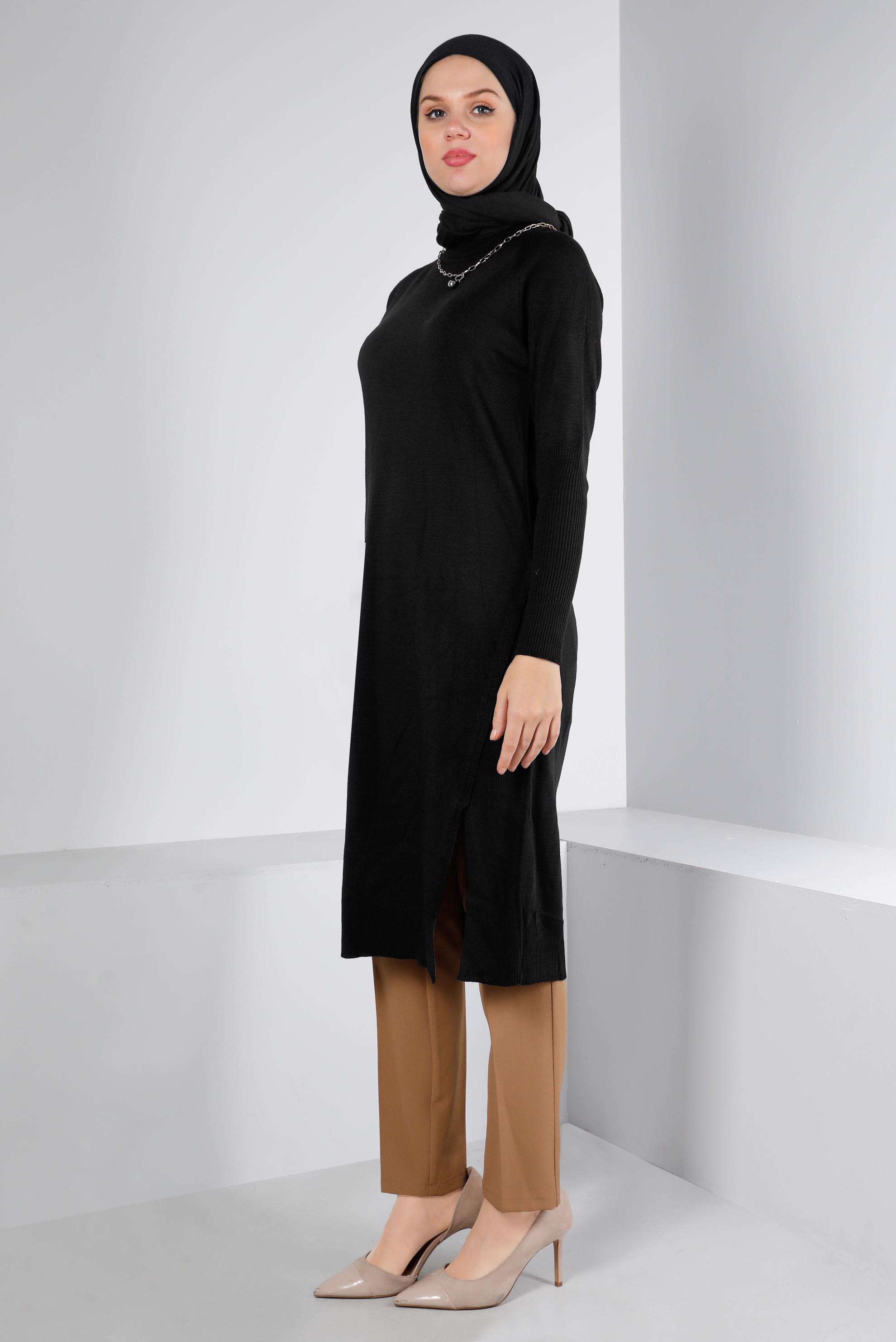 Tesettür giyim SİYAH YIRTMAÇ DETAYLI BASIC TRİKO TUNİK 43160
