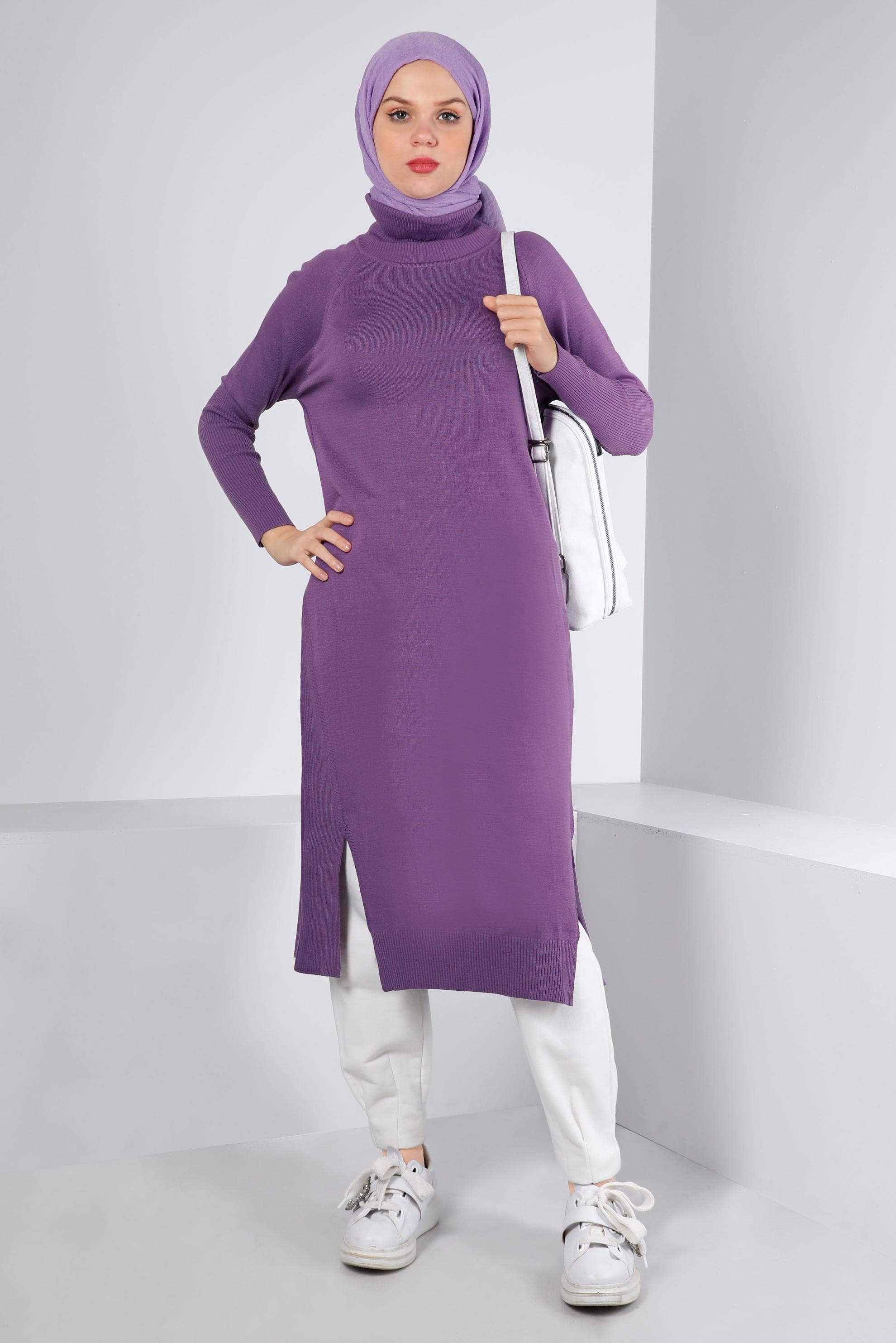 Tesettür giyim MOR YIRTMAÇ DETAYLI BASIC TRİKO TUNİK 43160