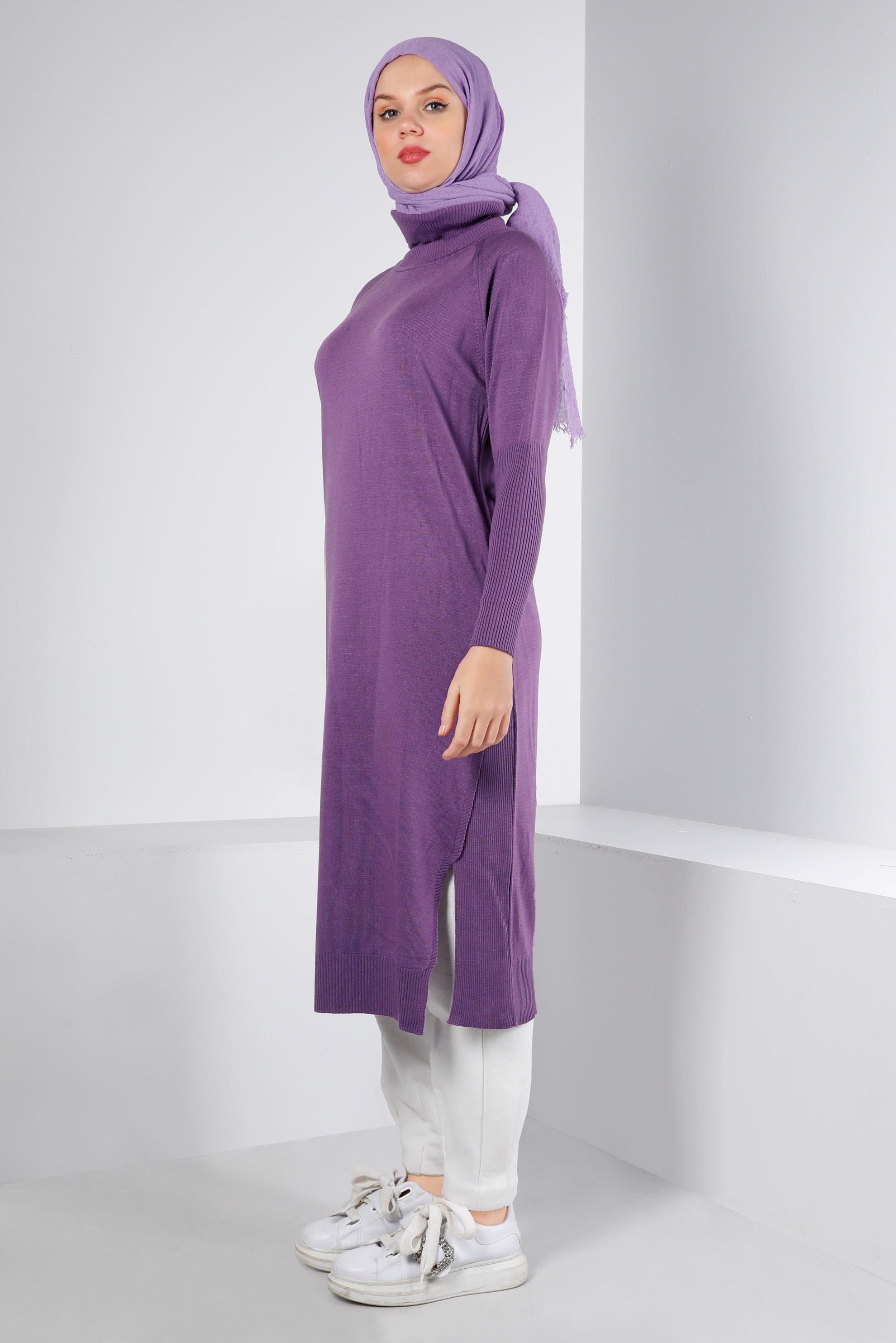 Tesettür giyim MOR YIRTMAÇ DETAYLI BASIC TRİKO TUNİK 43160