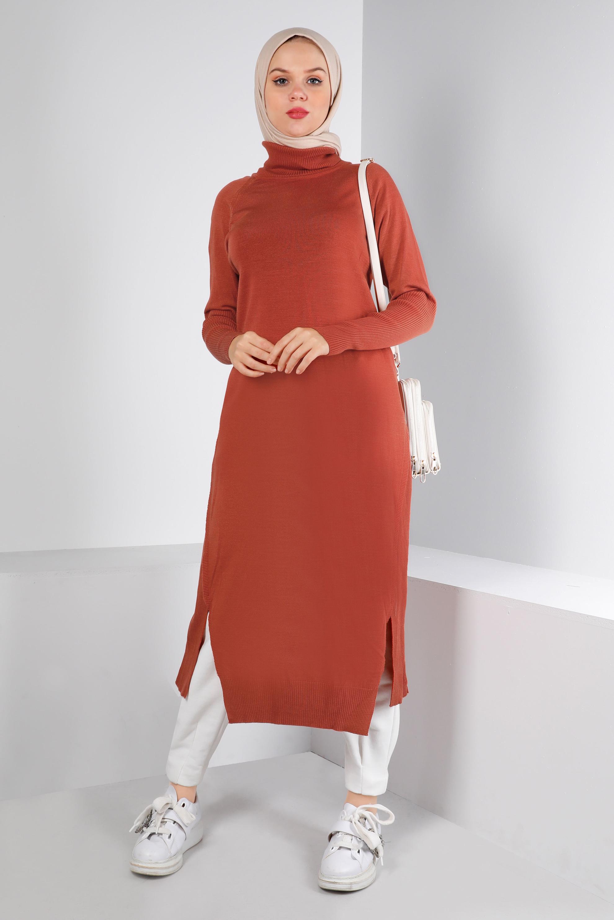 Tesettür giyim TURUNCU YIRTMAÇ DETAYLI BASIC TRİKO TUNİK 43160