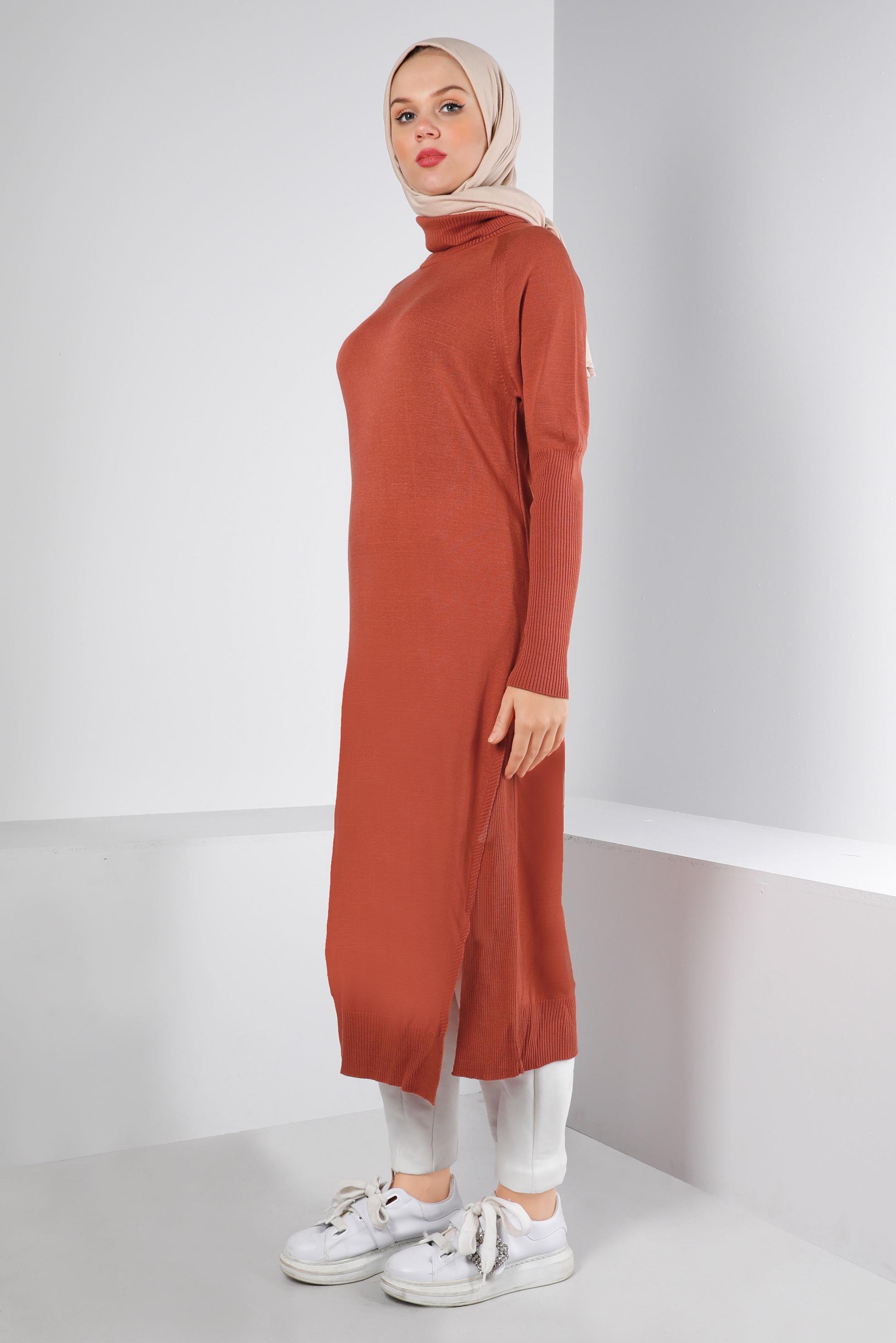 Tesettür giyim TURUNCU YIRTMAÇ DETAYLI BASIC TRİKO TUNİK 43160