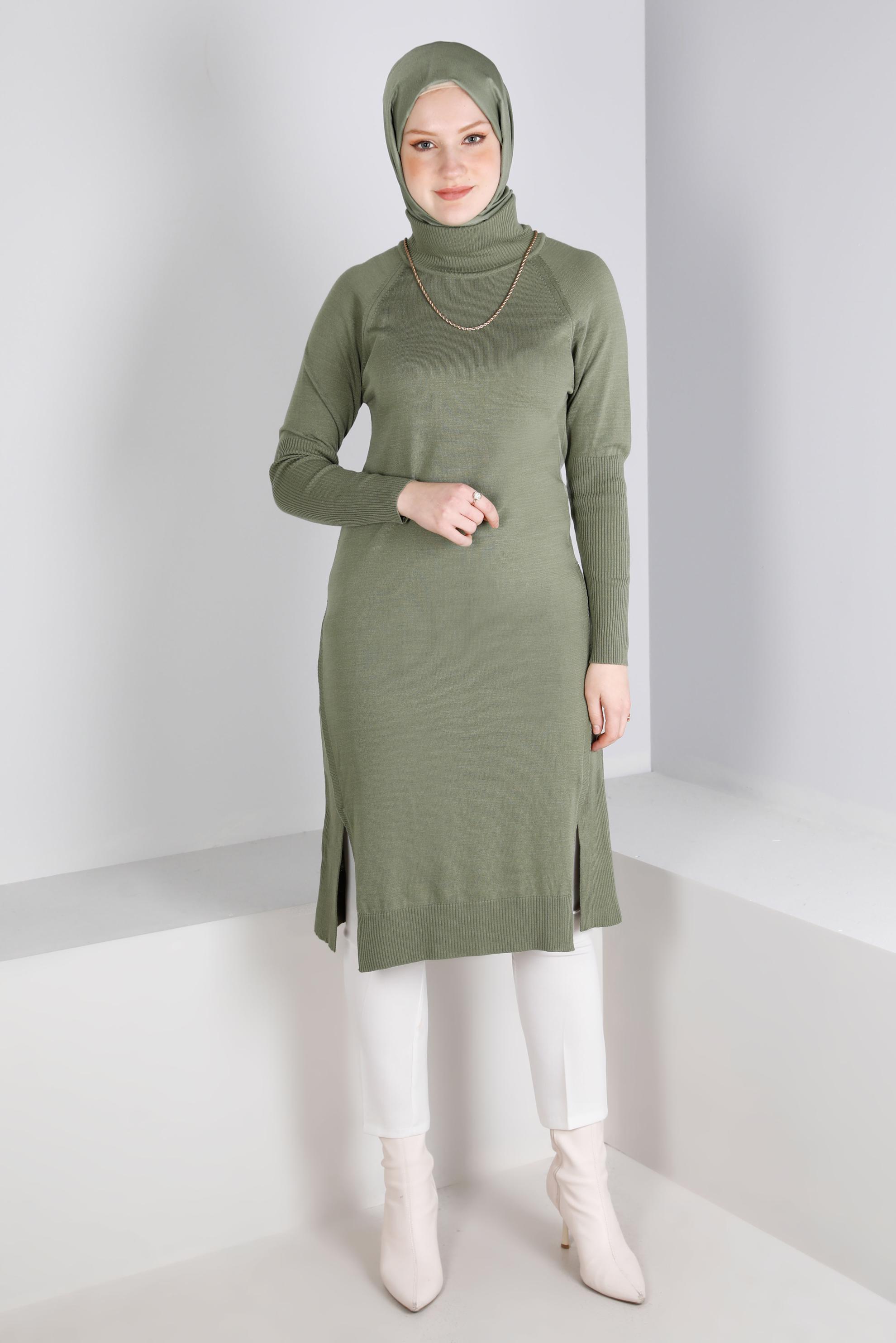 Tesettür giyim HAKİ YIRTMAÇ DETAYLI BASIC TRİKO TUNİK 43160