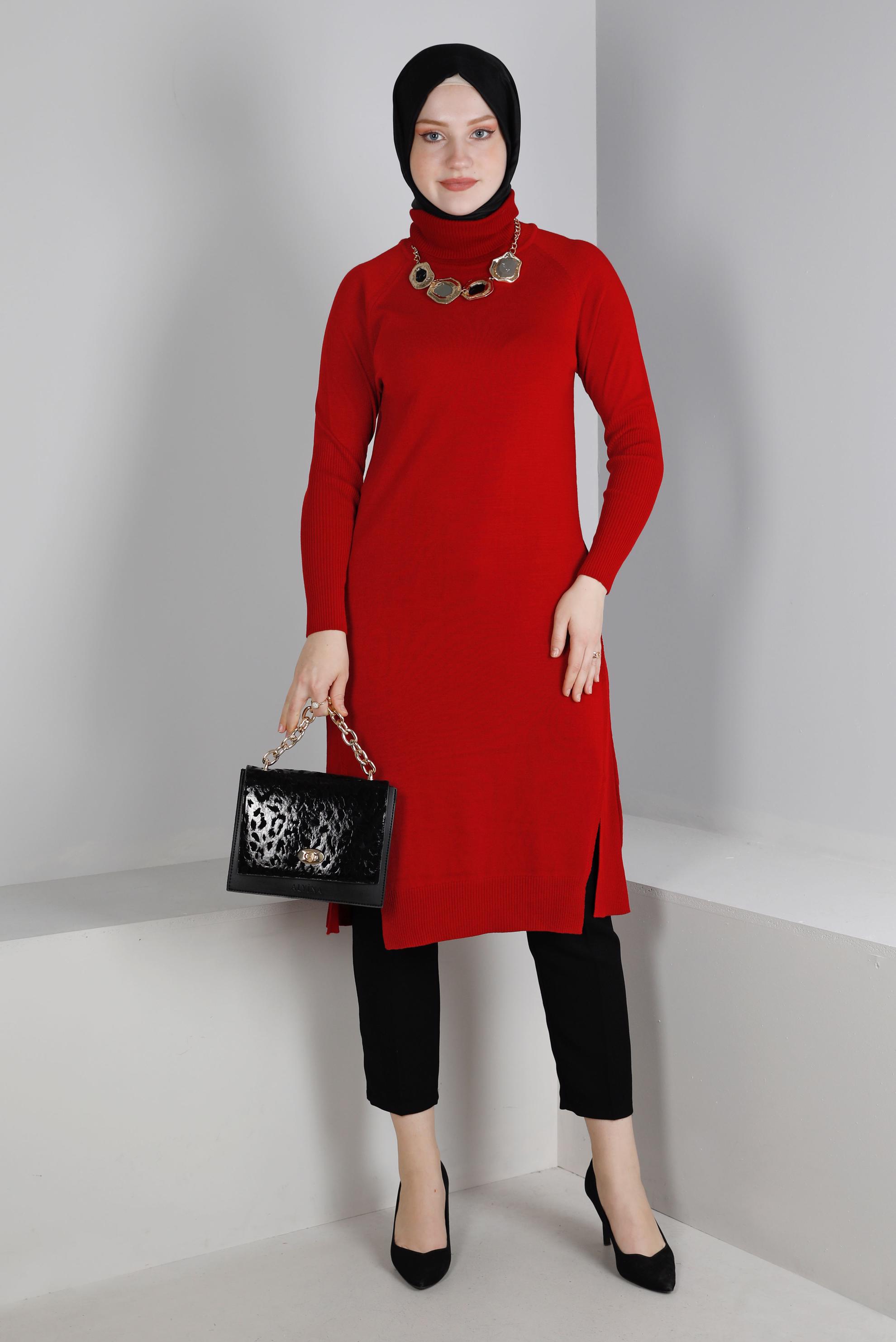 Tesettür giyim BORDO YIRTMAÇ DETAYLI BASIC TRİKO TUNİK 43160