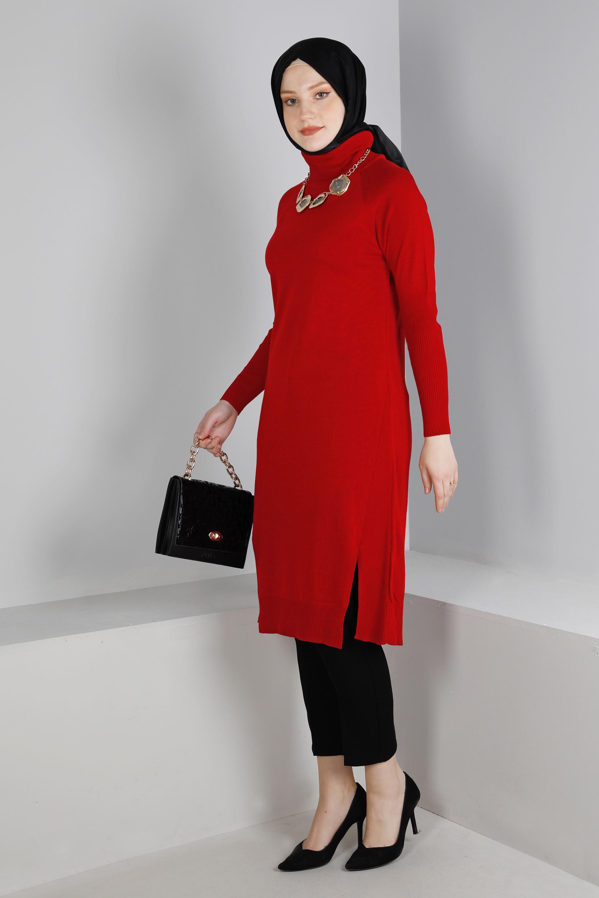 Tesettür giyim BORDO YIRTMAÇ DETAYLI BASIC TRİKO TUNİK 43160