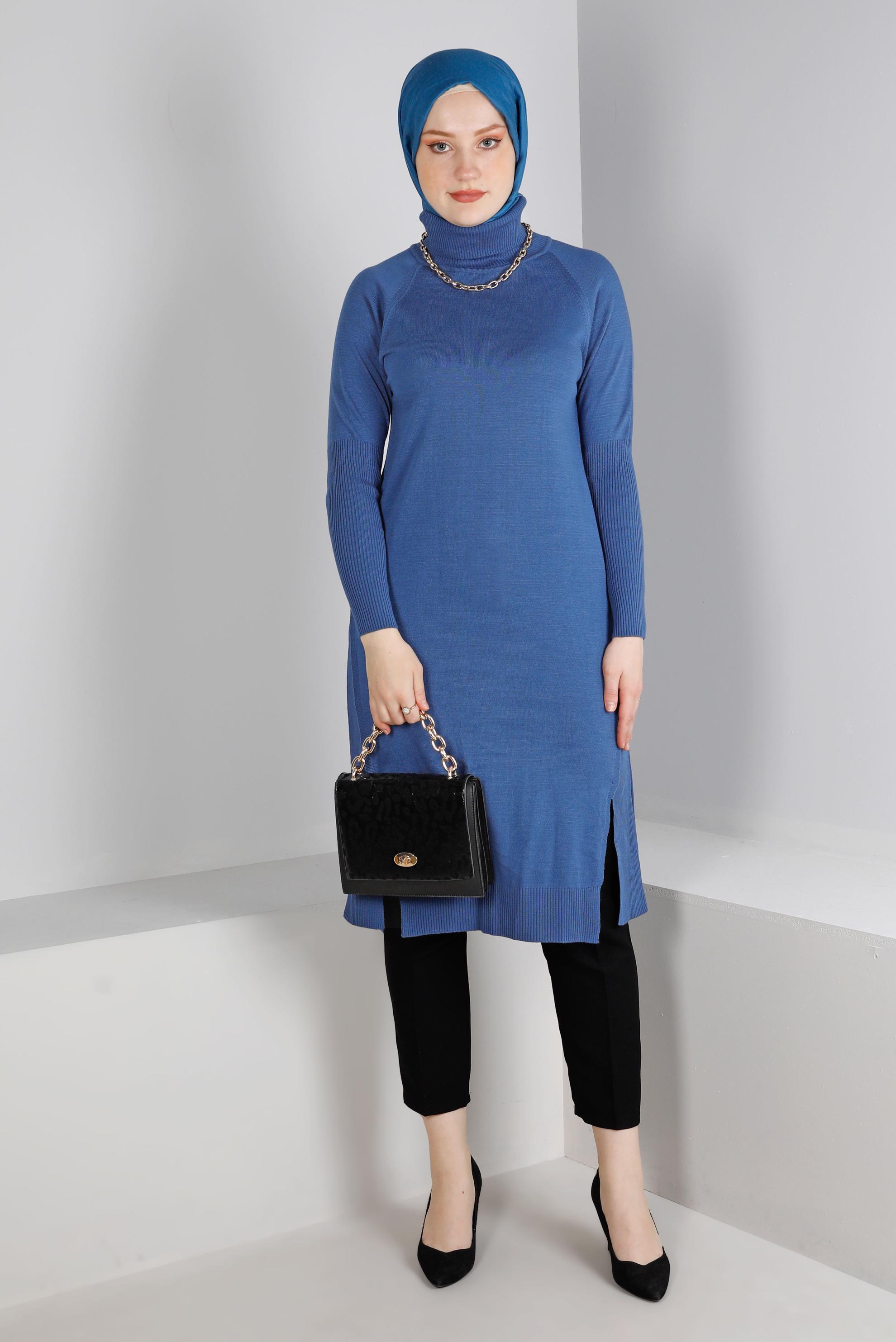 Tesettür giyim LACİVERT YIRTMAÇ DETAYLI BASIC TRİKO TUNİK 43160