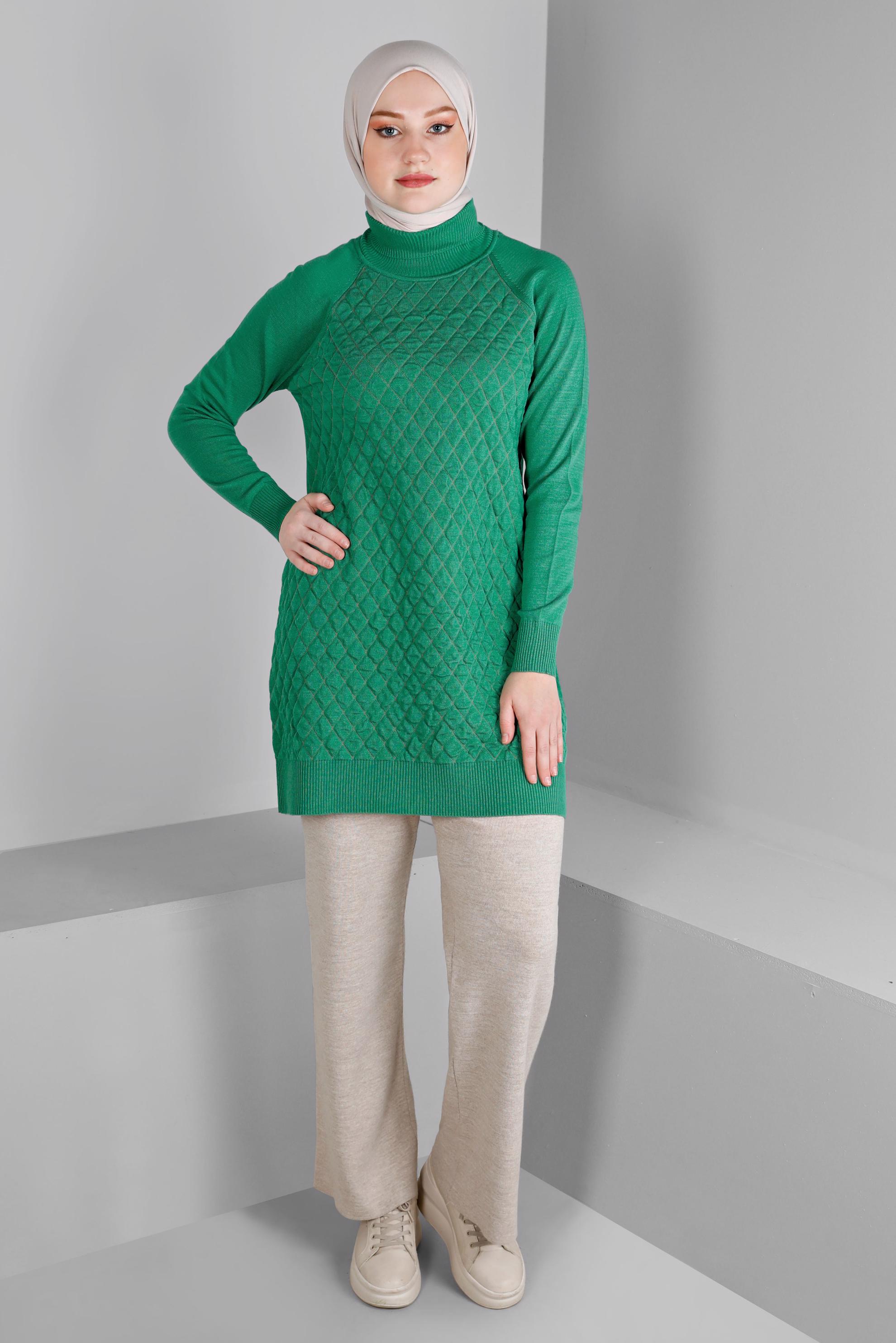 Tesettür giyim YEŞİL KAPİTONE DESENLİ TRİKO TUNİK 43161