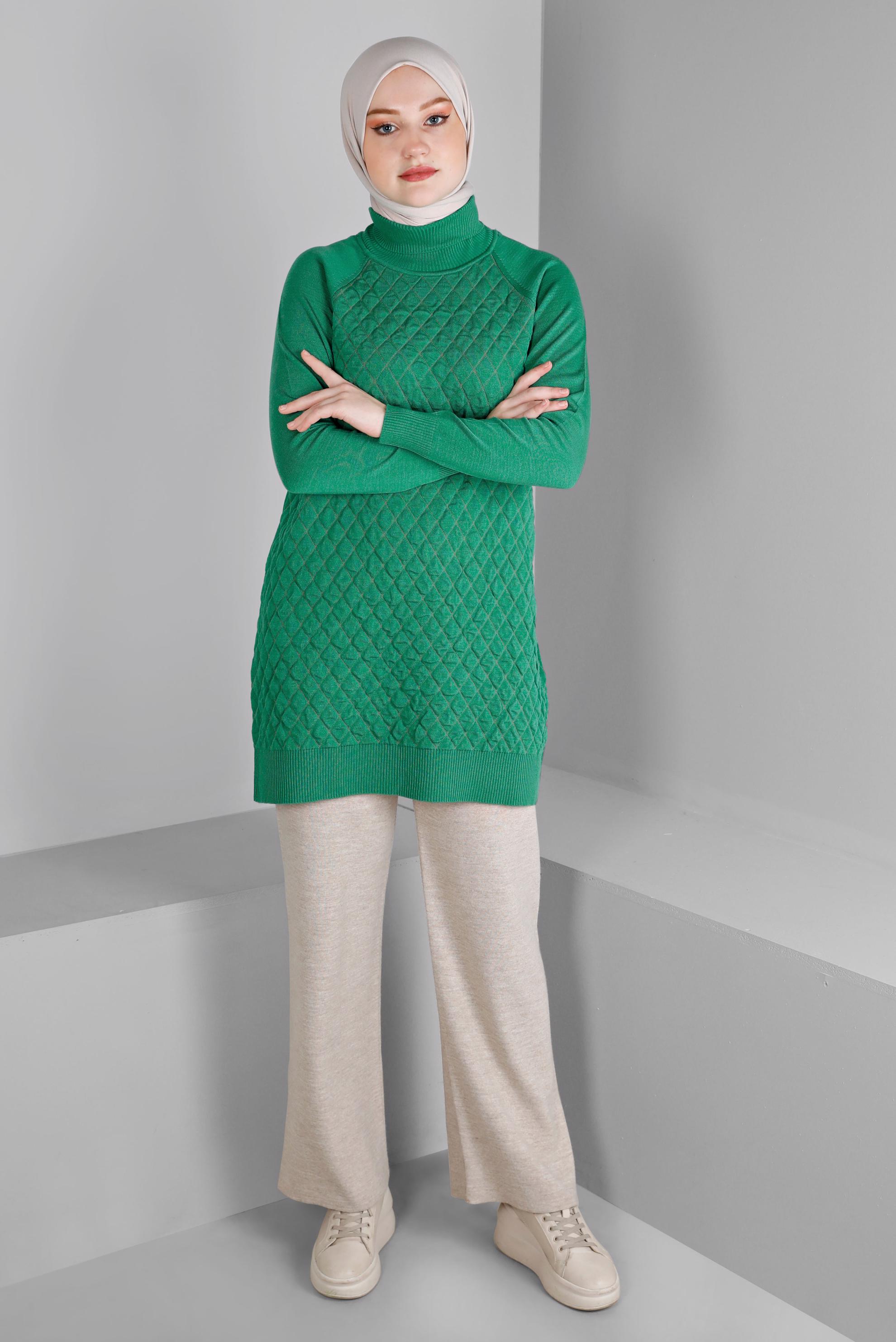 Tesettür giyim YEŞİL KAPİTONE DESENLİ TRİKO TUNİK 43161