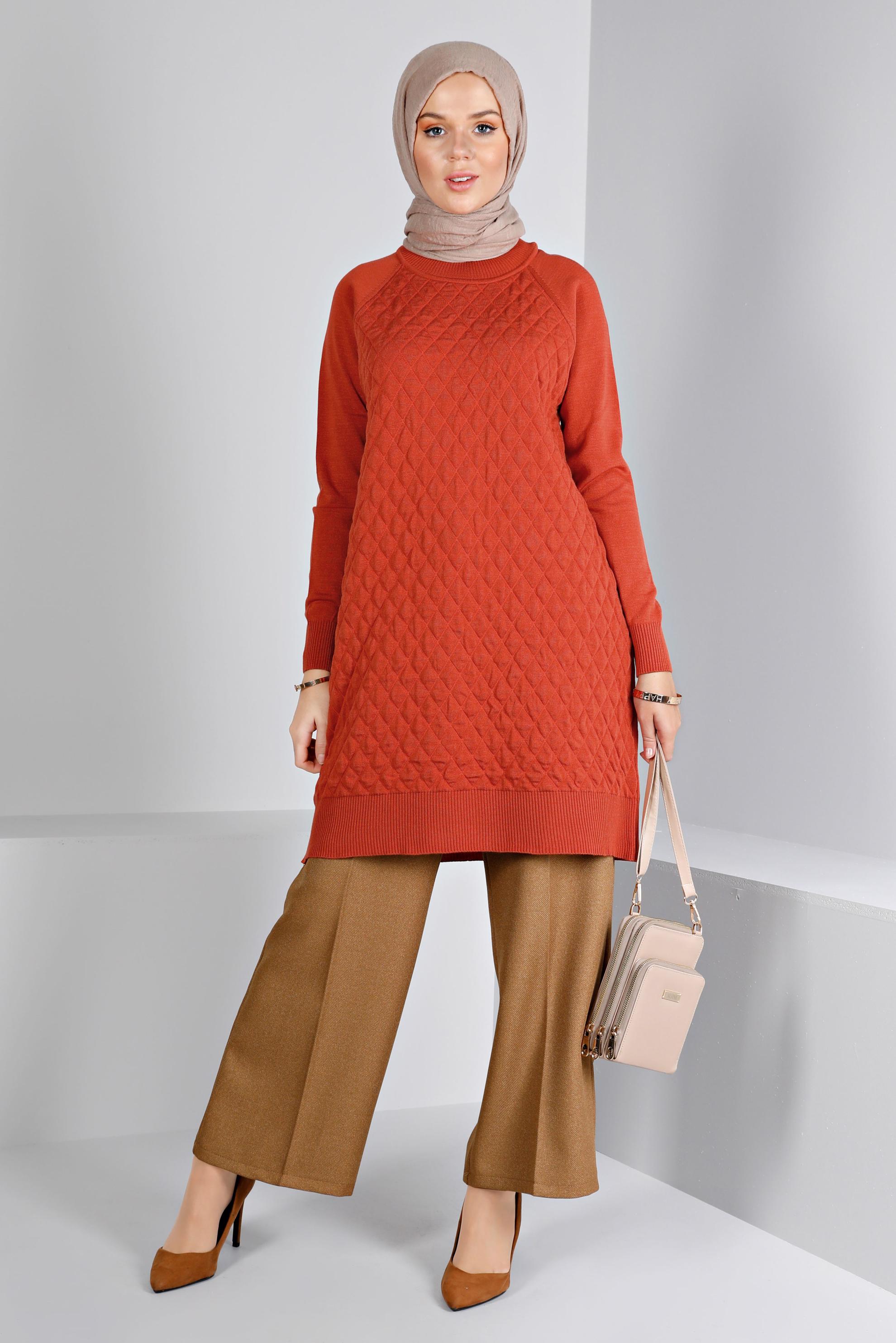 Tesettür giyim TURUNCU KAPİTONE DESENLİ TRİKO TUNİK 43161