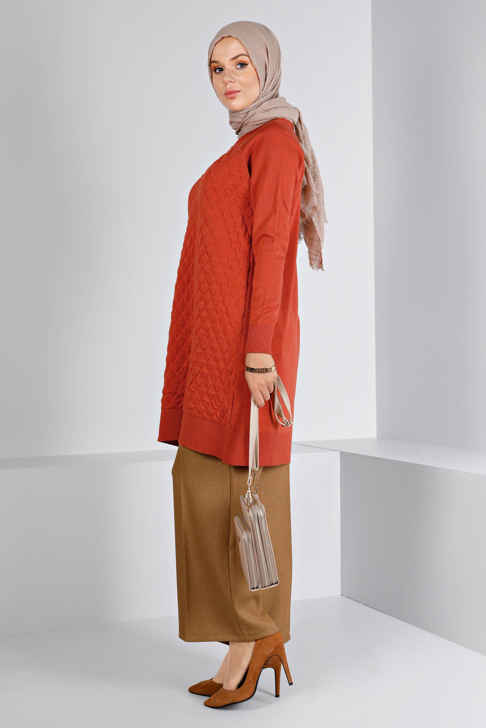 Tesettür giyim TURUNCU KAPİTONE DESENLİ TRİKO TUNİK 43161