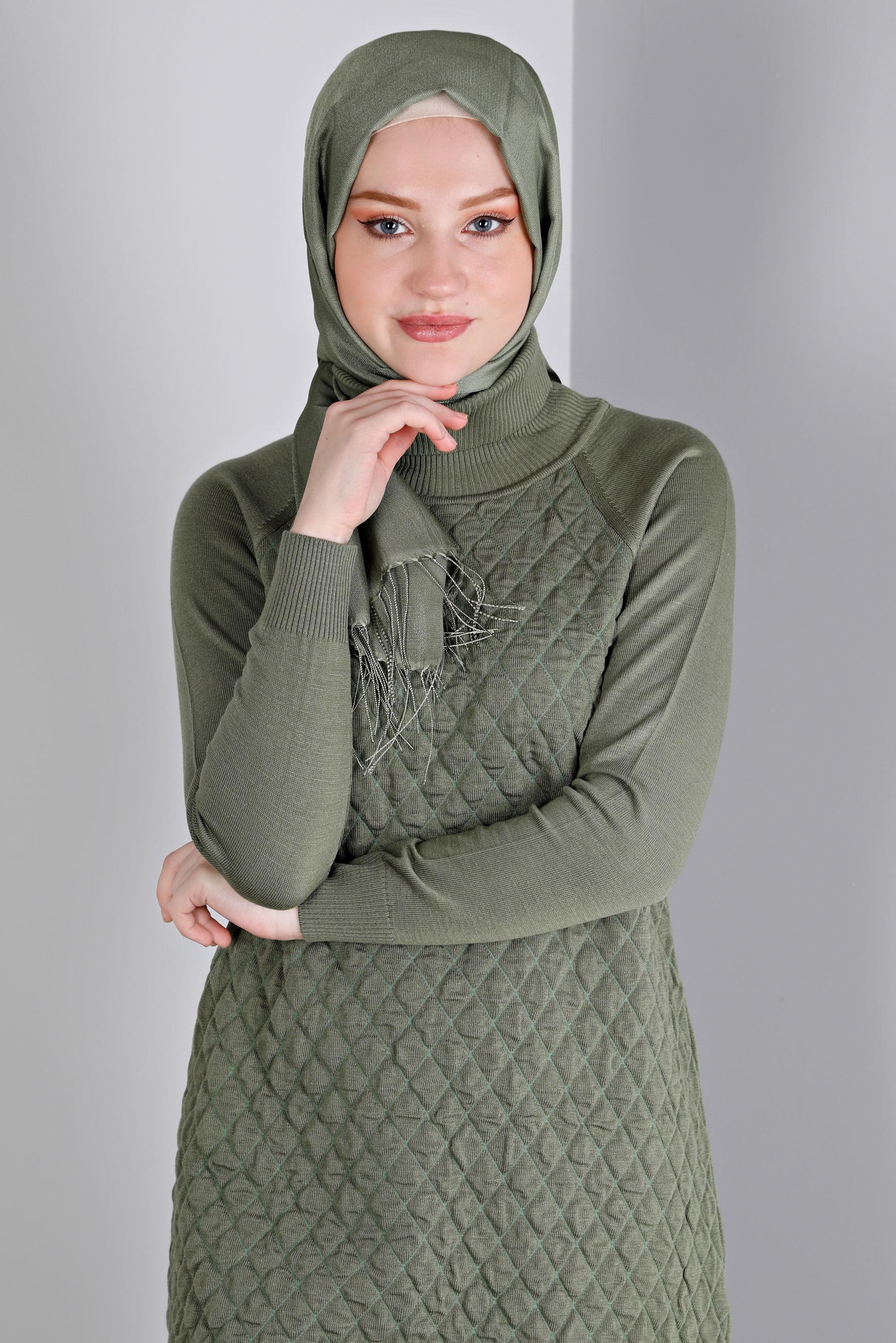 Tesettür giyim HAKİ KAPİTONE DESENLİ TRİKO TUNİK 43161