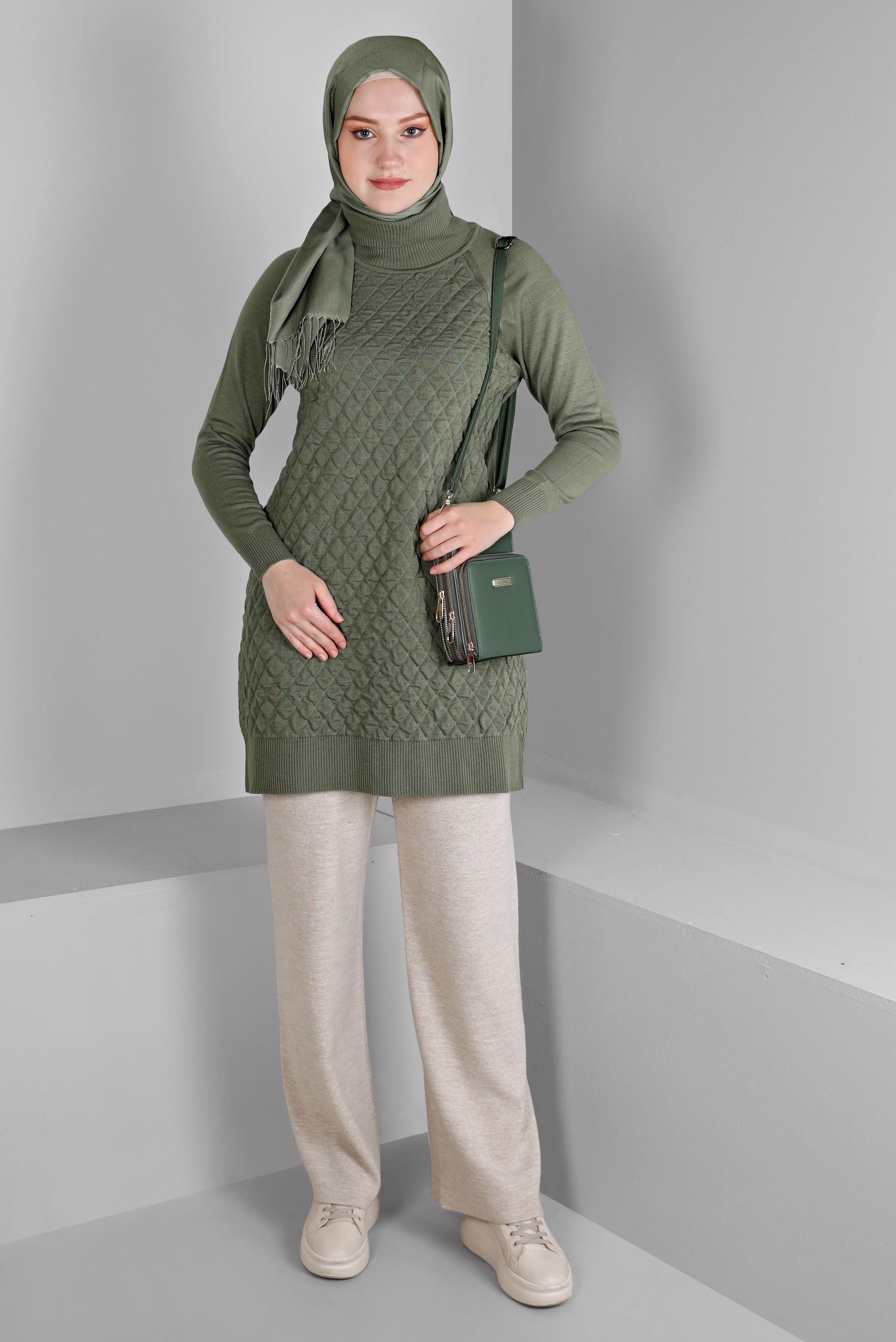 Tesettür giyim HAKİ KAPİTONE DESENLİ TRİKO TUNİK 43161