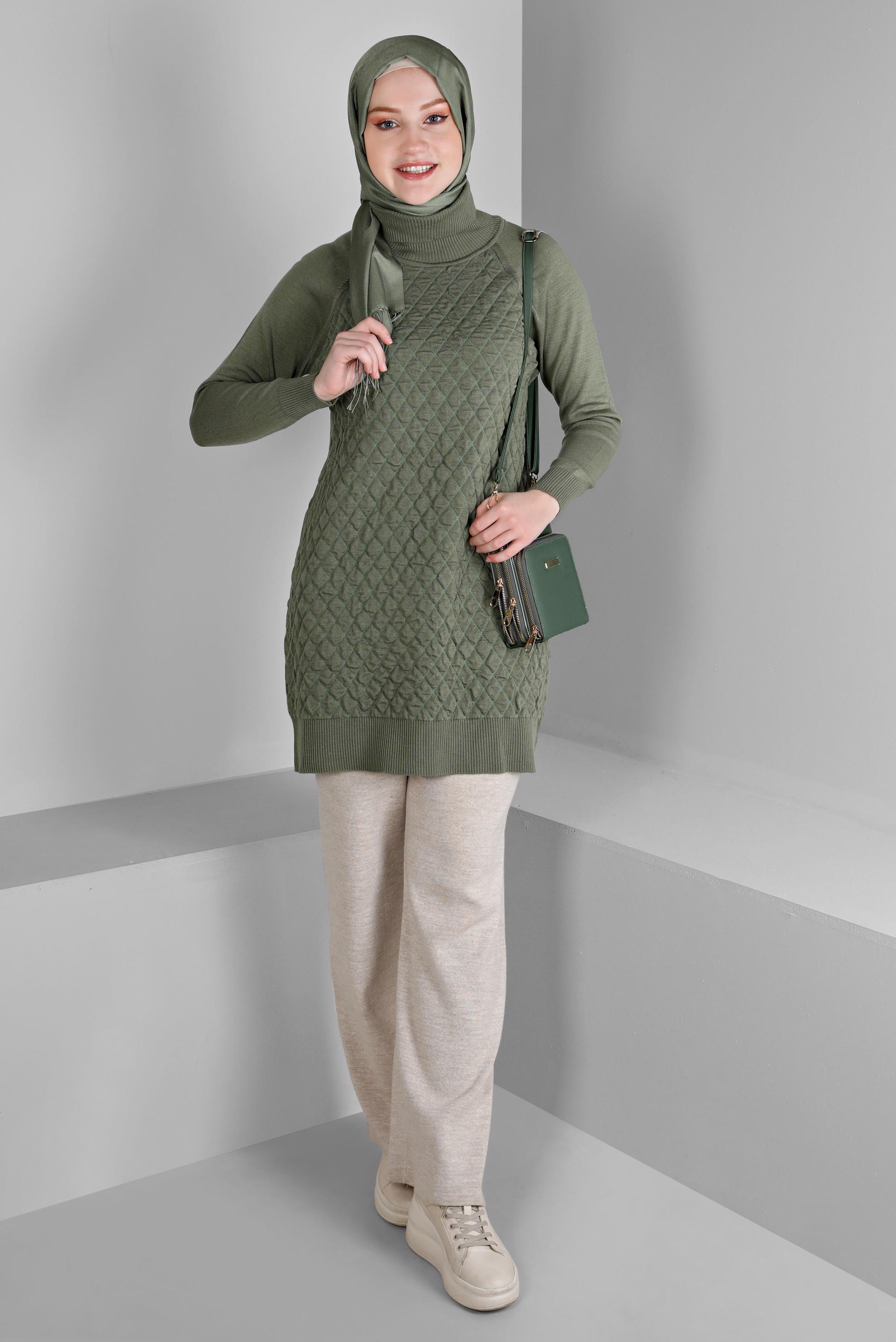 Tesettür giyim HAKİ KAPİTONE DESENLİ TRİKO TUNİK 43161