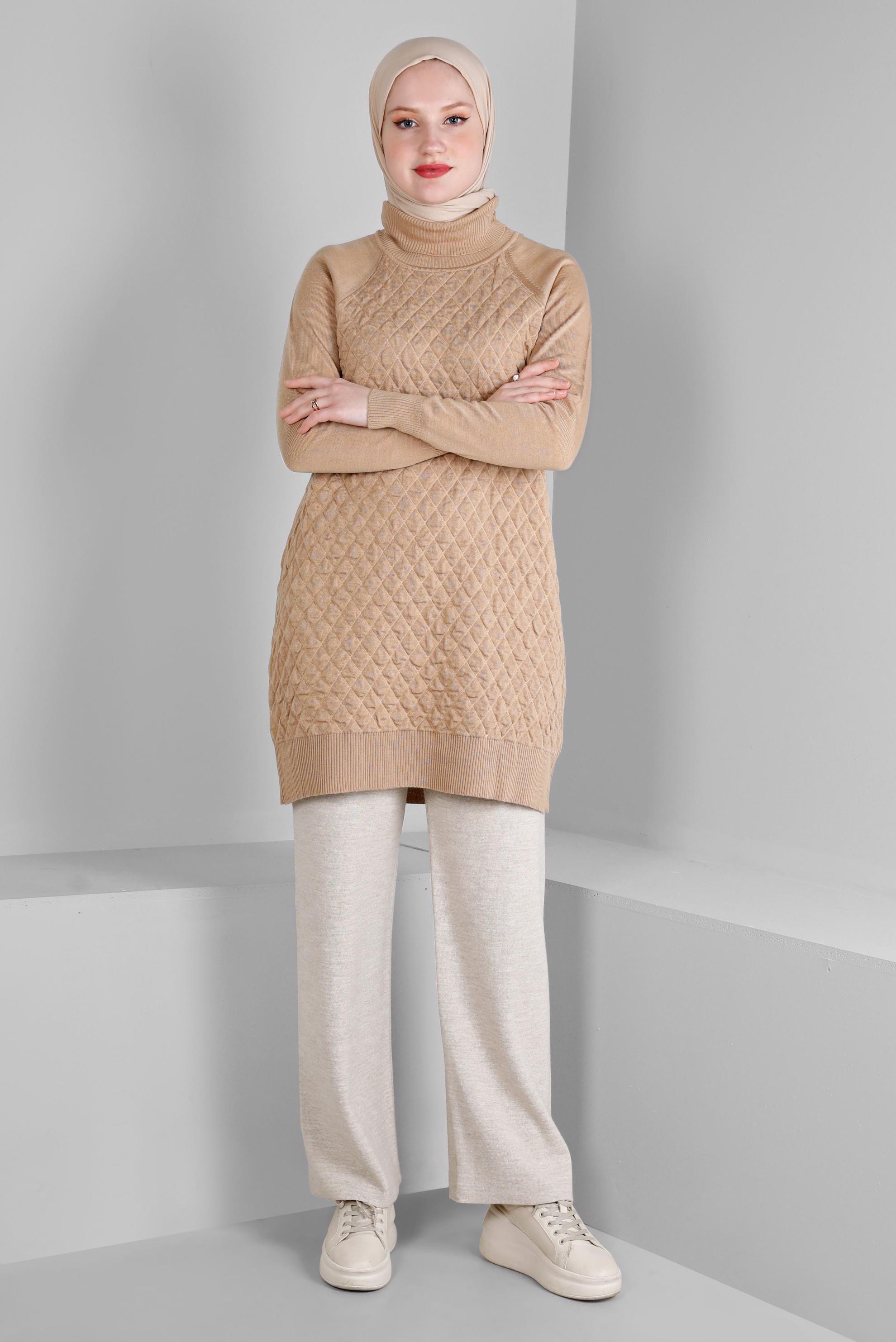 Tesettür giyim KAHVE KAPİTONE DESENLİ TRİKO TUNİK 43161