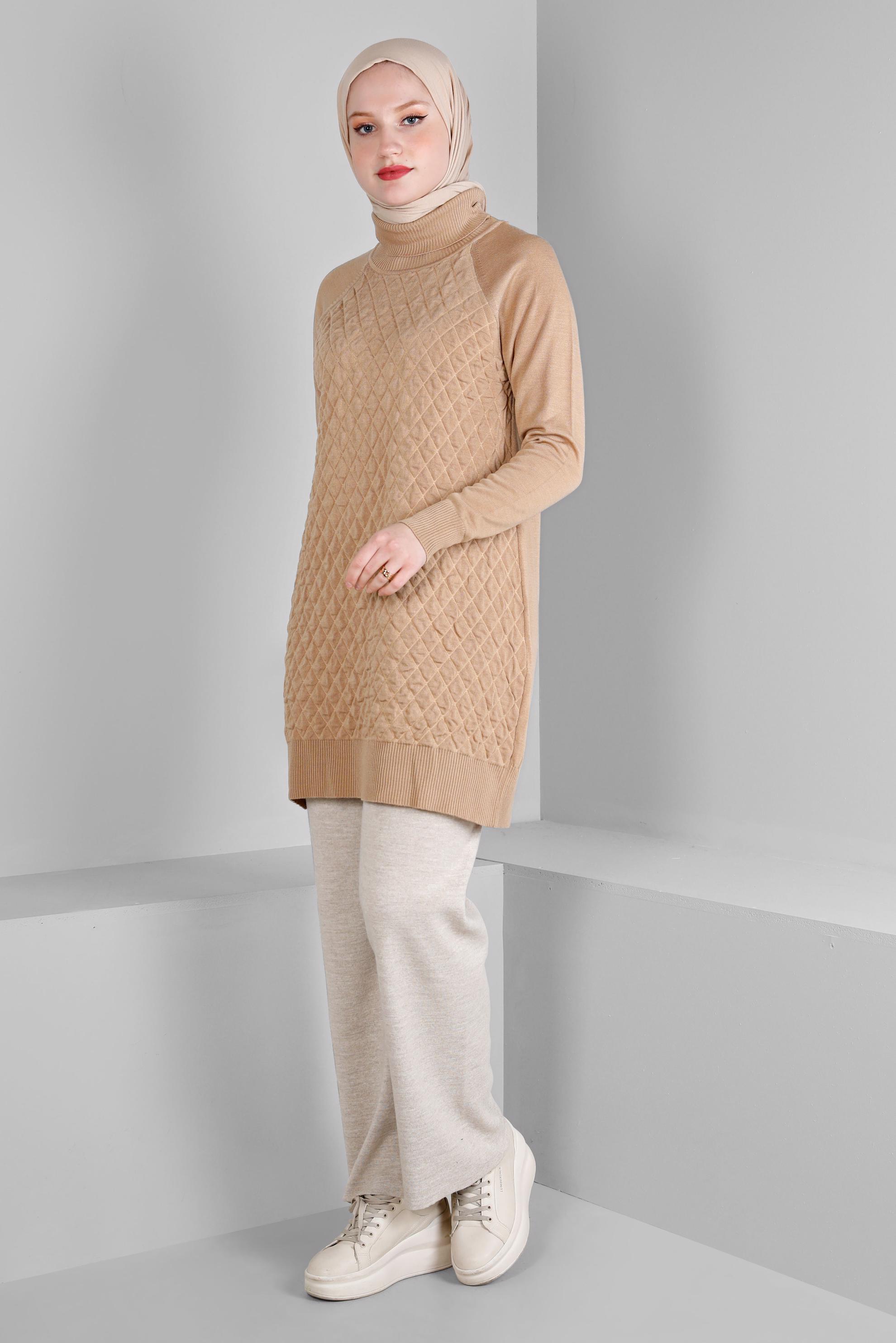 Tesettür giyim KAHVE KAPİTONE DESENLİ TRİKO TUNİK 43161