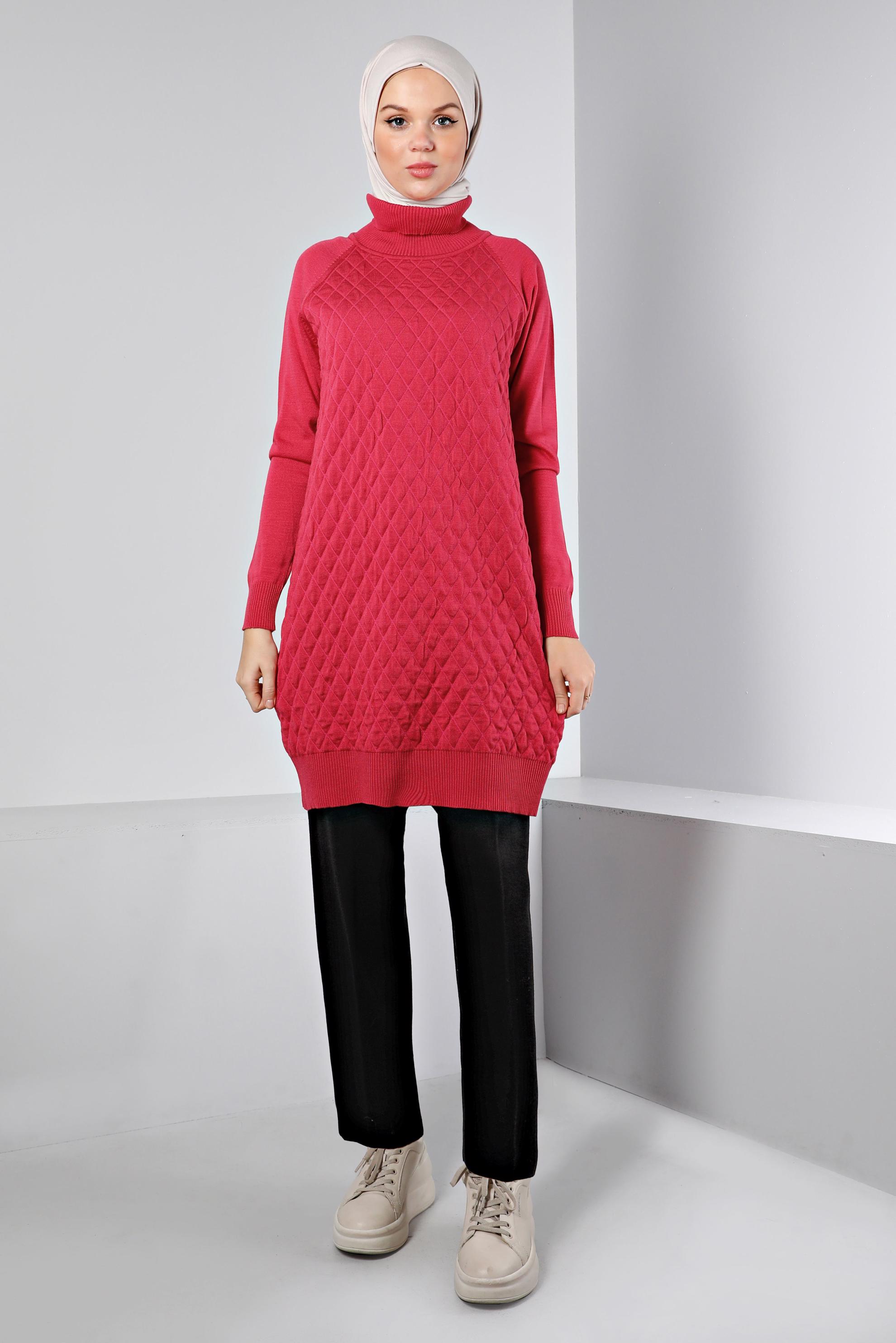 Tesettür giyim FUŞYA KAPİTONE DESENLİ TRİKO TUNİK 43161