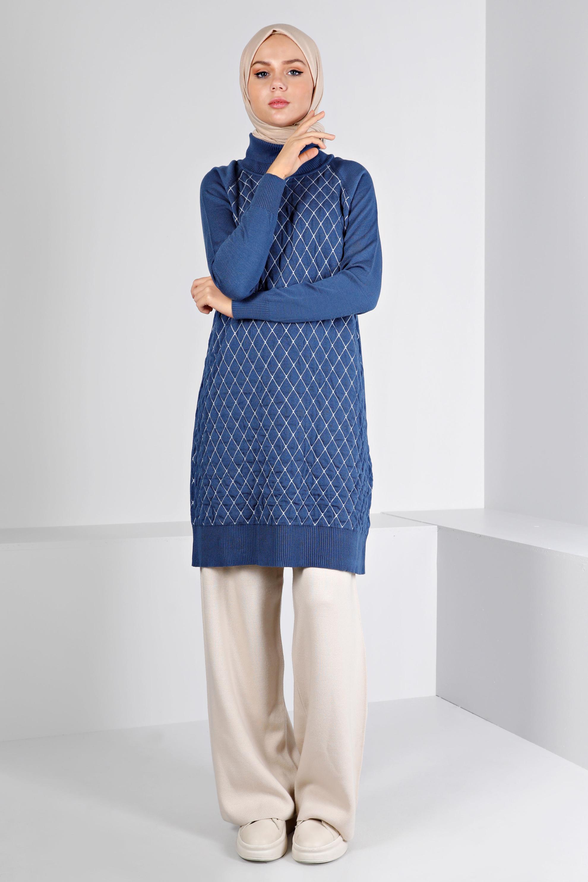 Tesettür giyim LACİVERT KAPİTONE DESENLİ TRİKO TUNİK 43161