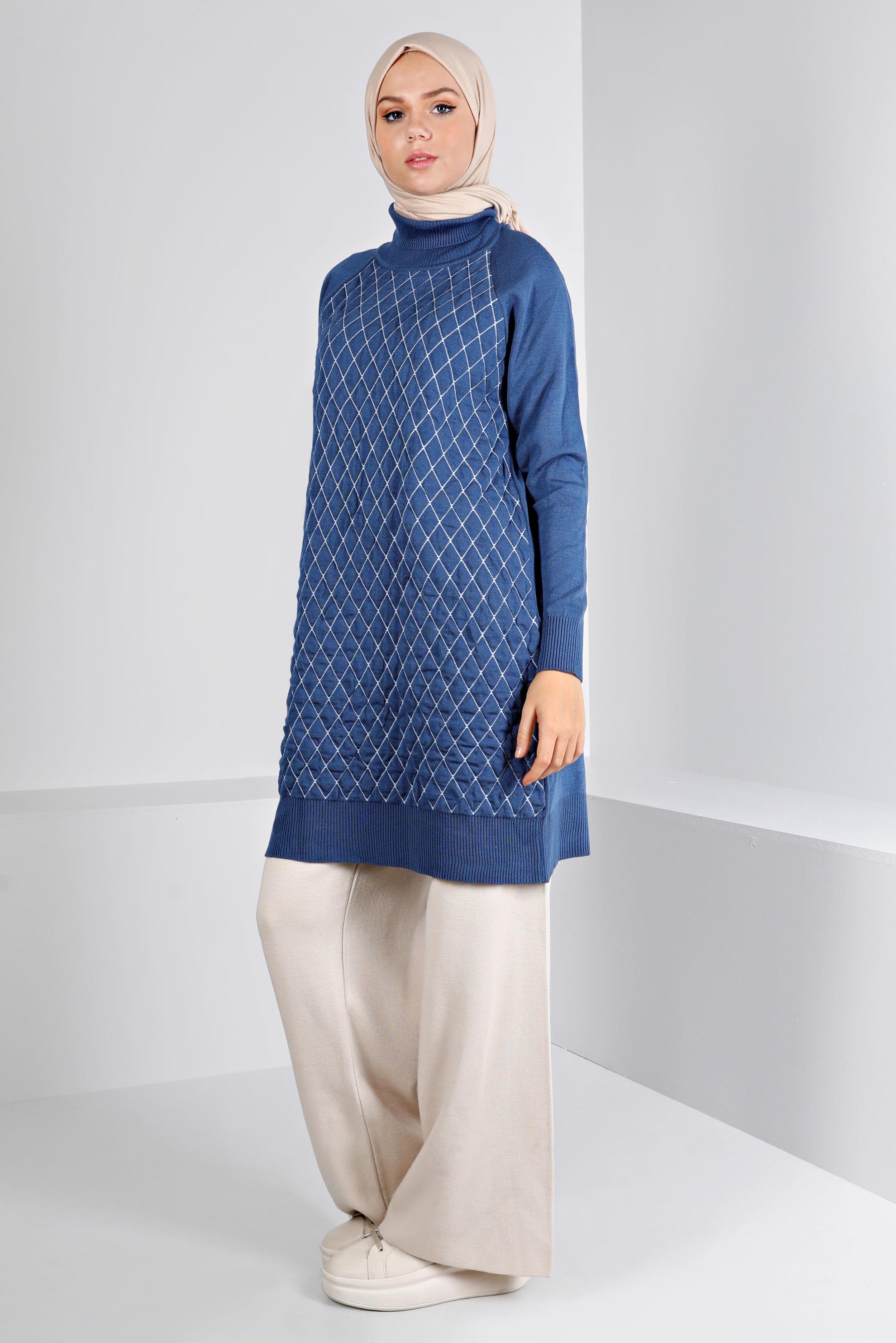 Tesettür giyim LACİVERT KAPİTONE DESENLİ TRİKO TUNİK 43161