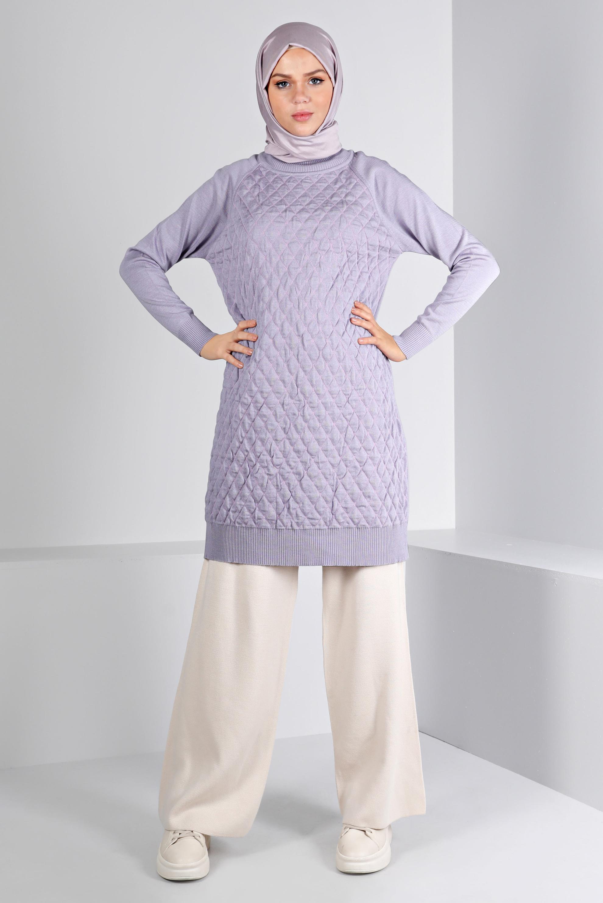 Tesettür giyim MOR KAPİTONE DESENLİ TRİKO TUNİK 43161